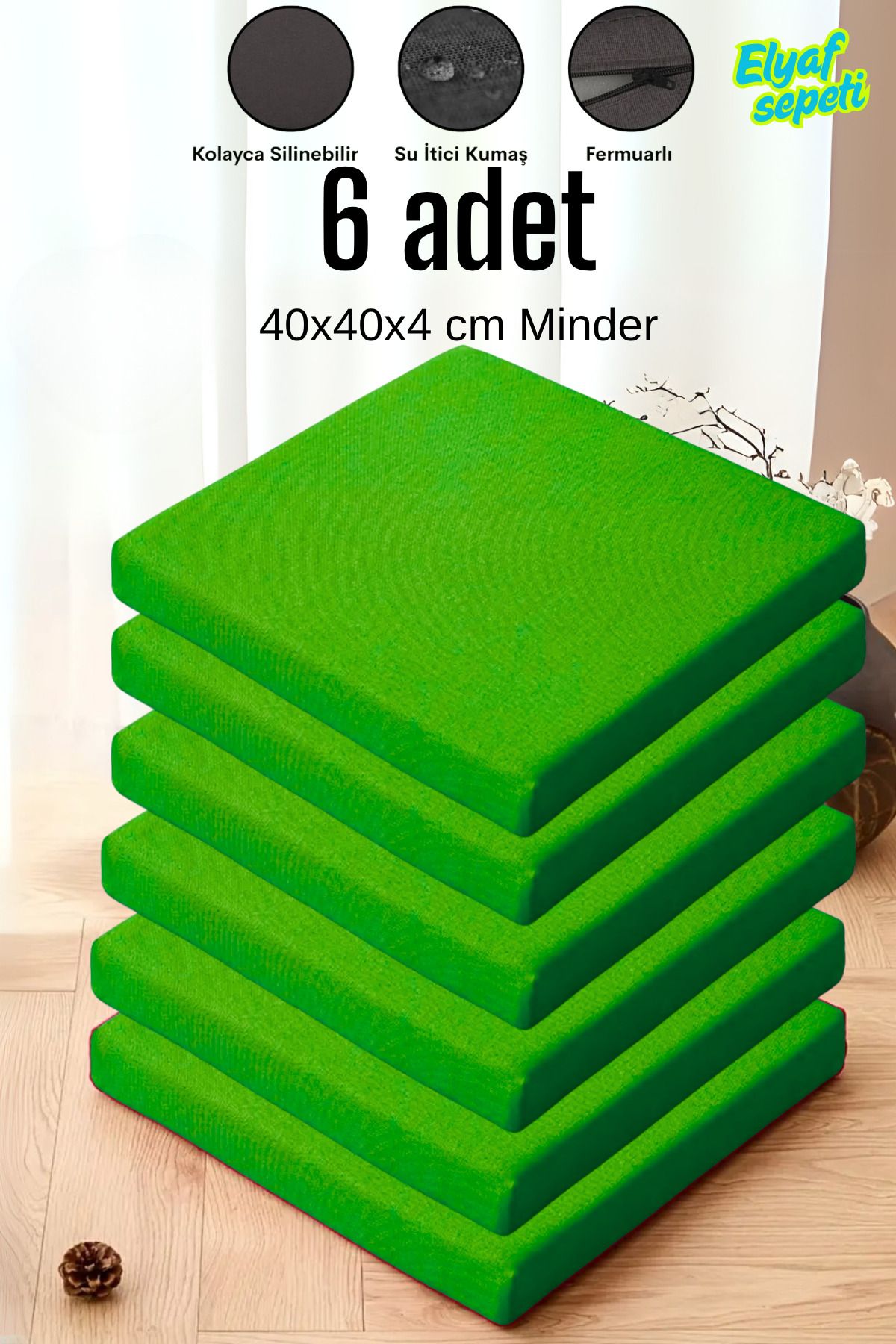 Elyaf Sepeti 6'lı Sandalye Minderi Fermuarlı Su Itici Kumaş 40x40x4 Cm Sünger Sandalye Minderi Açık Yeşil