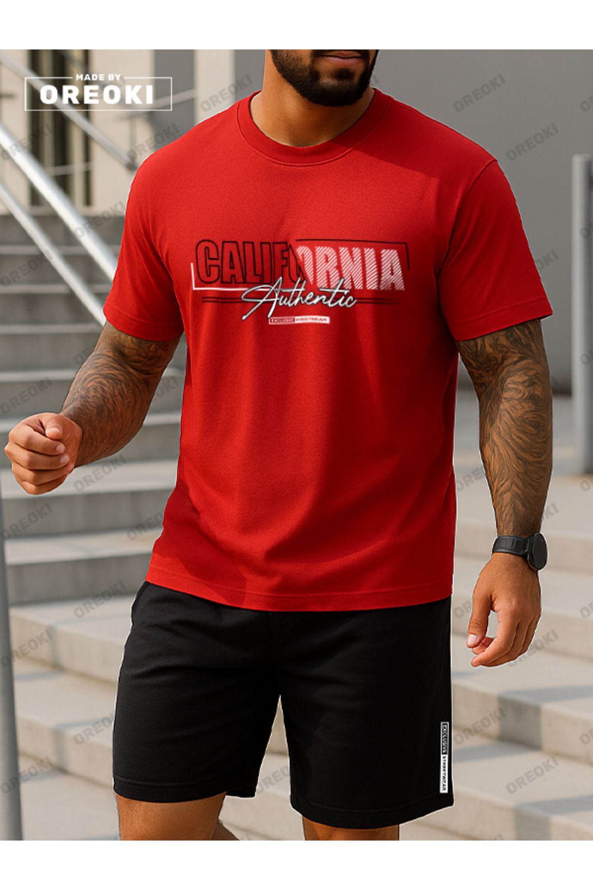 EFFRENATU Kaliforniya Otantik Baskılı Pamuklu Kumaş Erkek Kırmızı T-shirt-Siyah Şort Takım