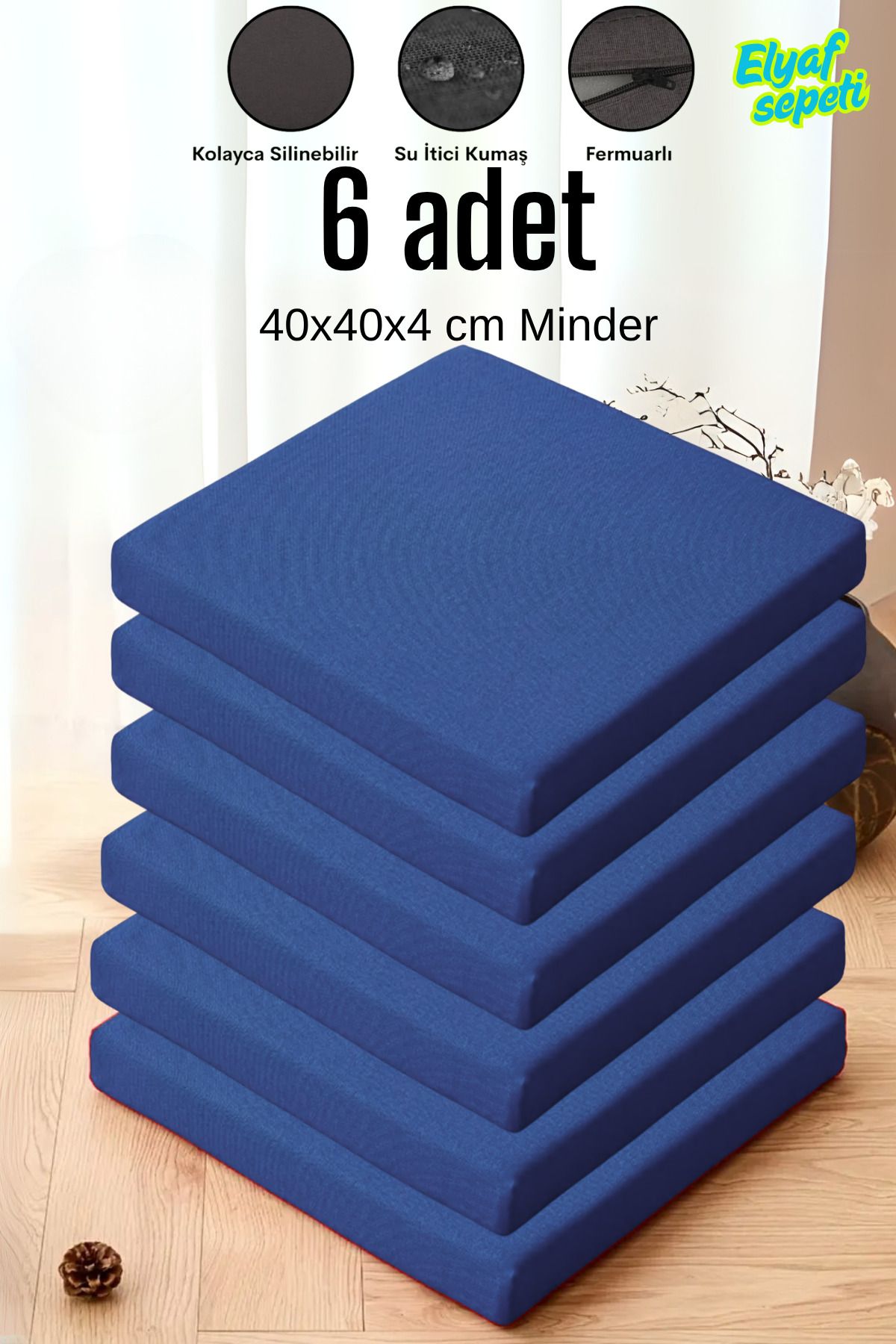 Elyaf Sepeti 6'lı Sandalye Minderi Fermuarlı Su Itici Kumaş 40x40x4 Cm Sünger Sandalye Minderi LACİVERT