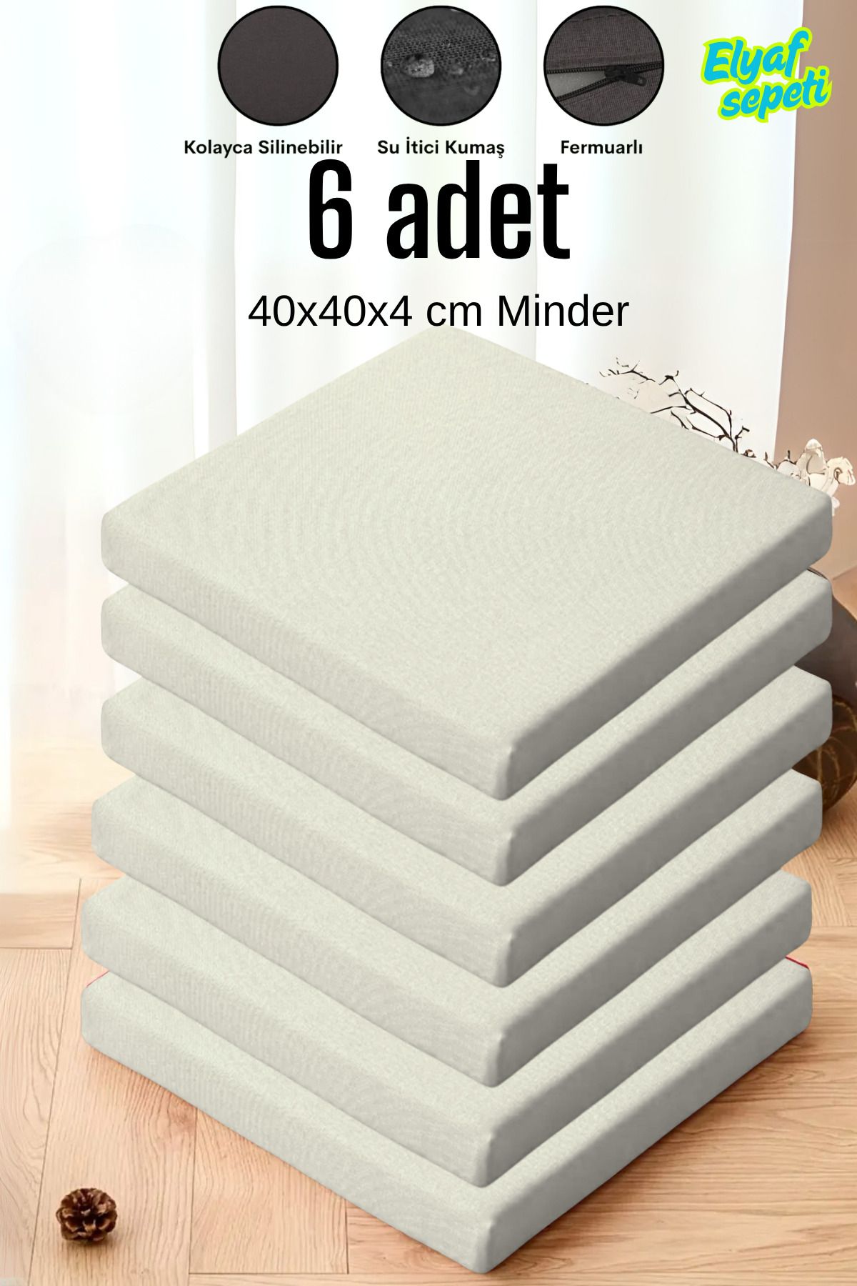 Elyaf Sepeti 6'lı Sandalye Minderi Fermuarlı Su Itici Kumaş 40x40x4 Cm Sünger Sandalye Minderi bej