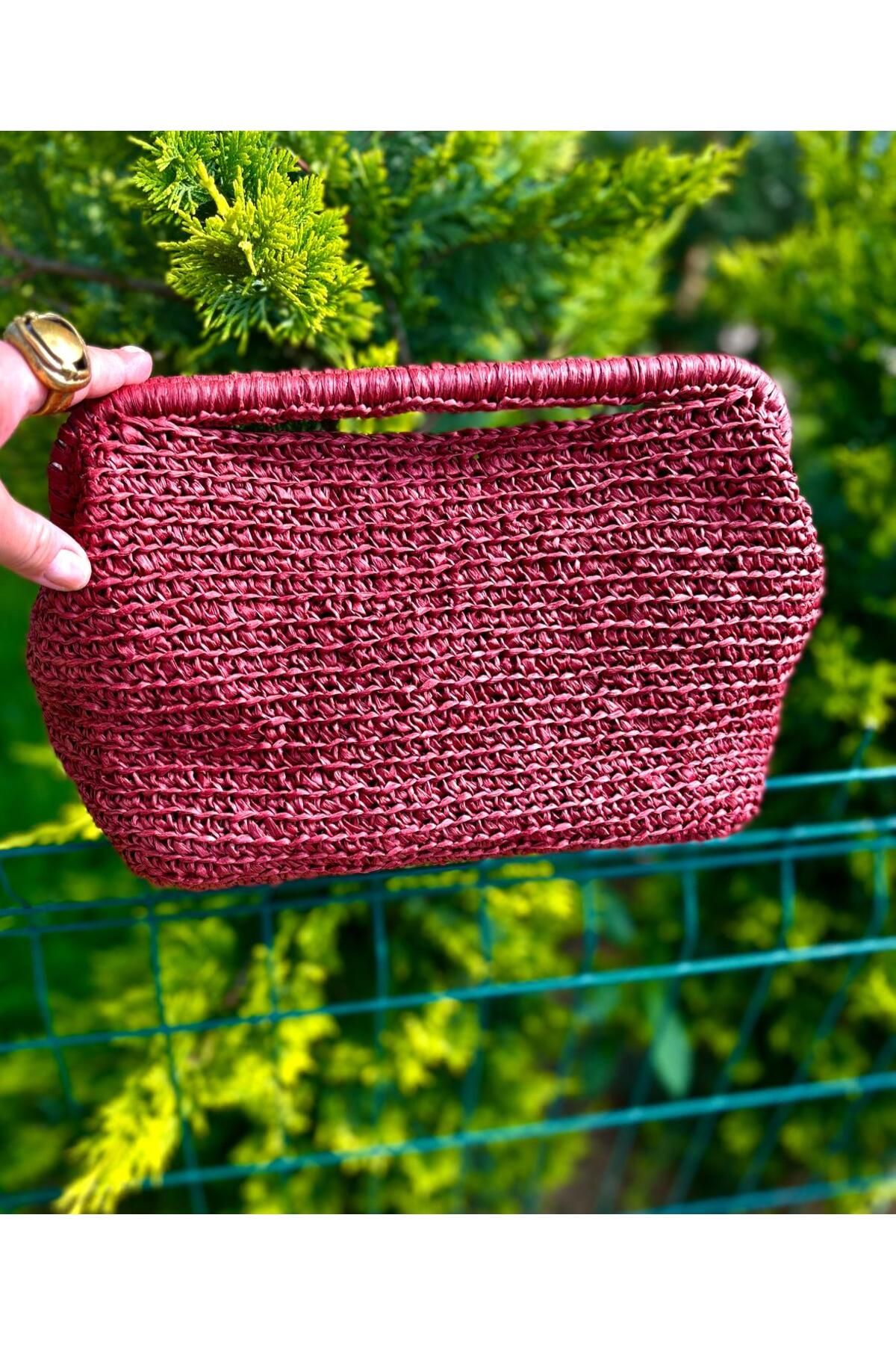 UNİCORNS Hasır Clutch, Hasır Çanta, Bordo Clutch, Saplı Clutch, Burslu Çanta