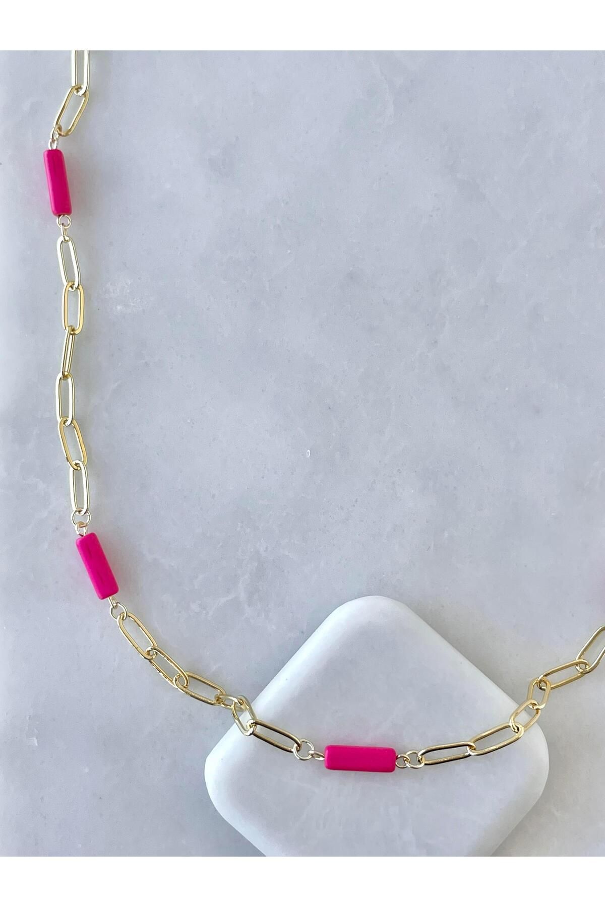Seda Bijuteri Altın Kaplama Boncuklu Oval Zincir Kolye 90 cm Pembe