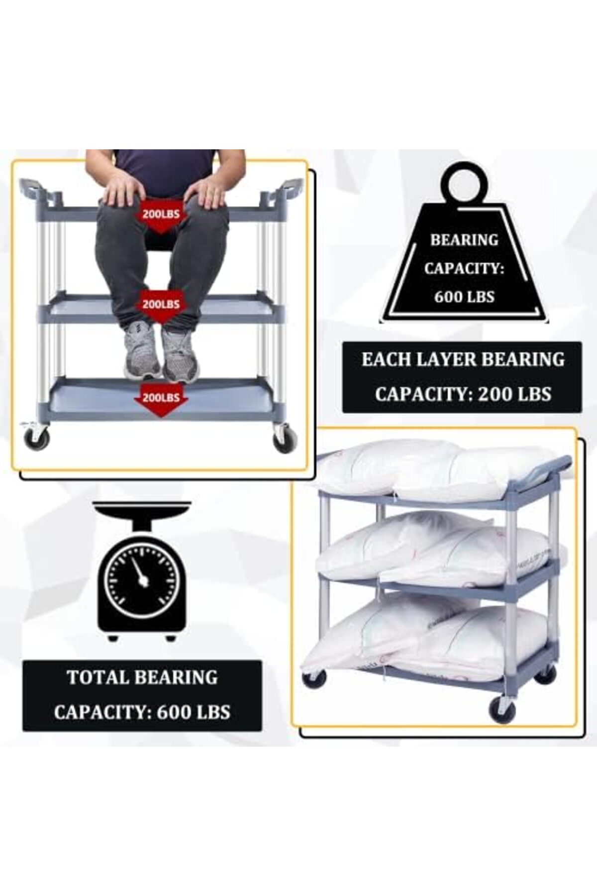 عربة خدمة 3 طبقات قوية بعجلات قابلة للقفل,سعة 500 باوند، متعددة الاستخدام للمطبخ والمكتب و المطاعم