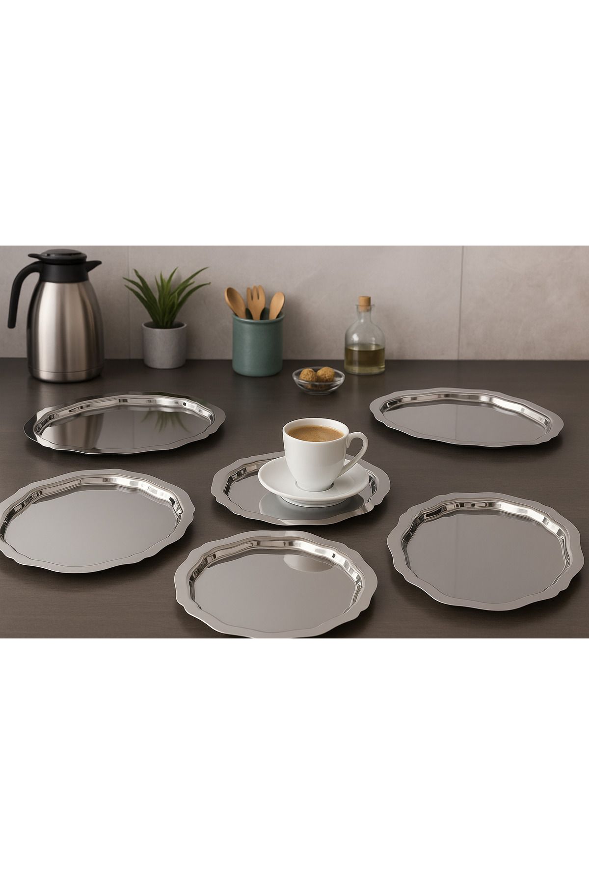 Fiyakalı Ürünler Atölyesi 6 Adet Paslanmaz Çelik,Parlak, 20x25 cm Oval,Dalgalı Servis,Sunum,Tek Kişilik Çay,Kahve Sunum Tepsi