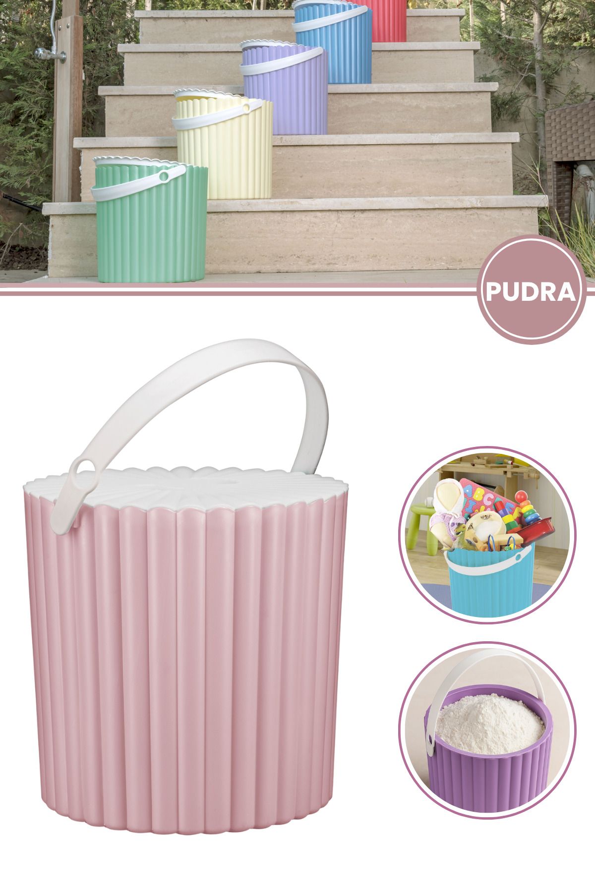 12den Kulplu Kapaklı Çok Amaçlı Kova 12 Lt, Un Bakliyat Deterjan Oyuncak Temizlik Kovası (25x25cm) Pudra