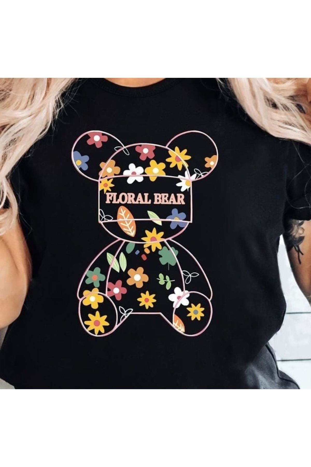 aynewmoda Kız Kısa Kollu Yuvarlak Yaka Bear Baskılı Tişört