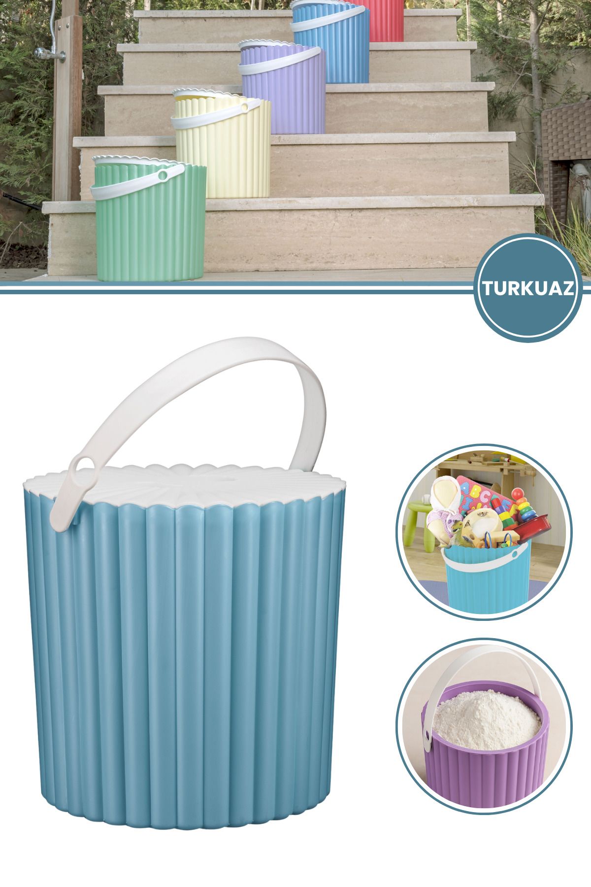 12den Kulplu Kapaklı Çok Amaçlı Kova 12 Lt, Un Bakliyat Deterjan Oyuncak Temizlik Kovası (25x25cm) Turkuaz