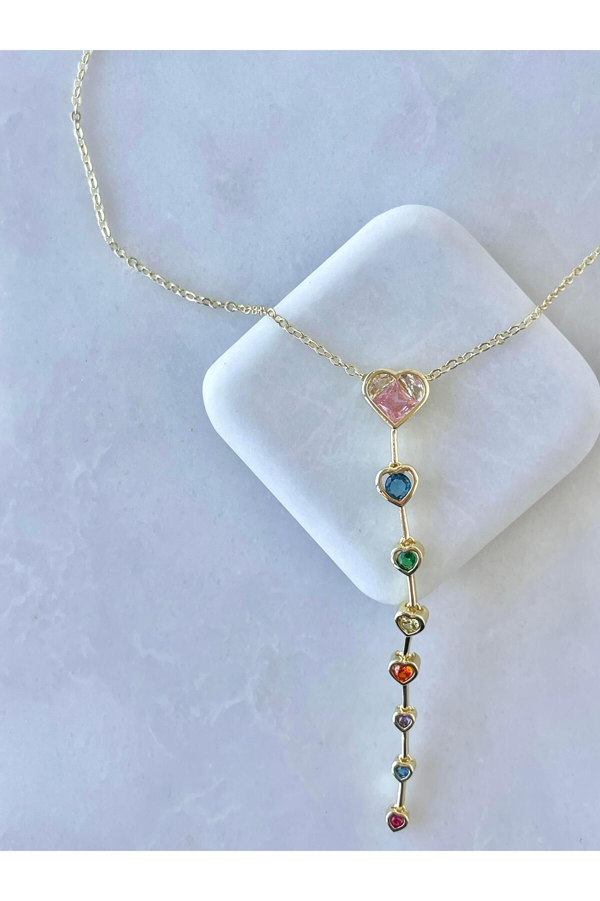 Seda Bijuteri Altın Kaplama Renkli Kristal Kalp Y Model Kolye Gold