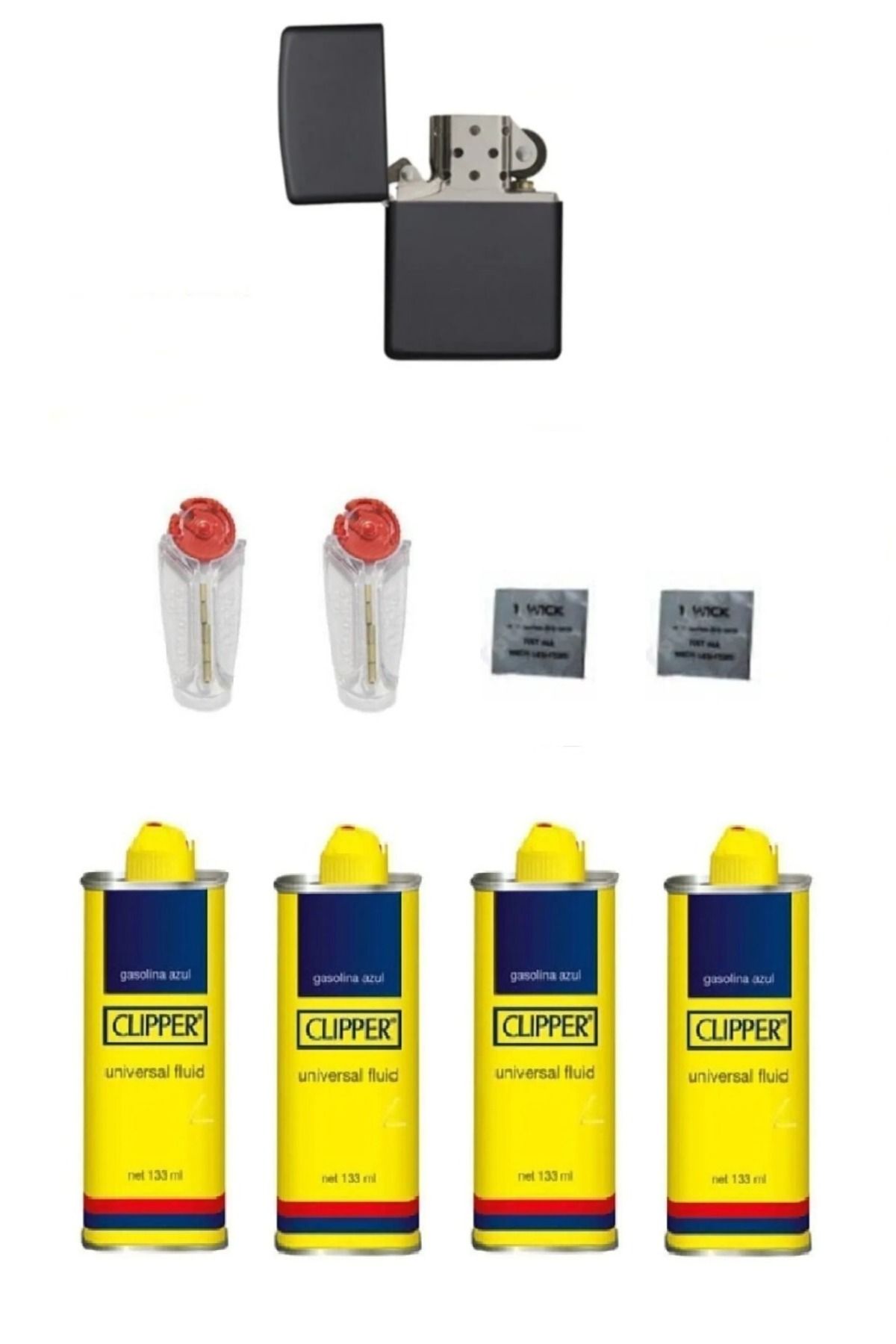 TUBSHOP 4 Clipper Benzin 2 Taş 2 Fitil 1 Çakmak