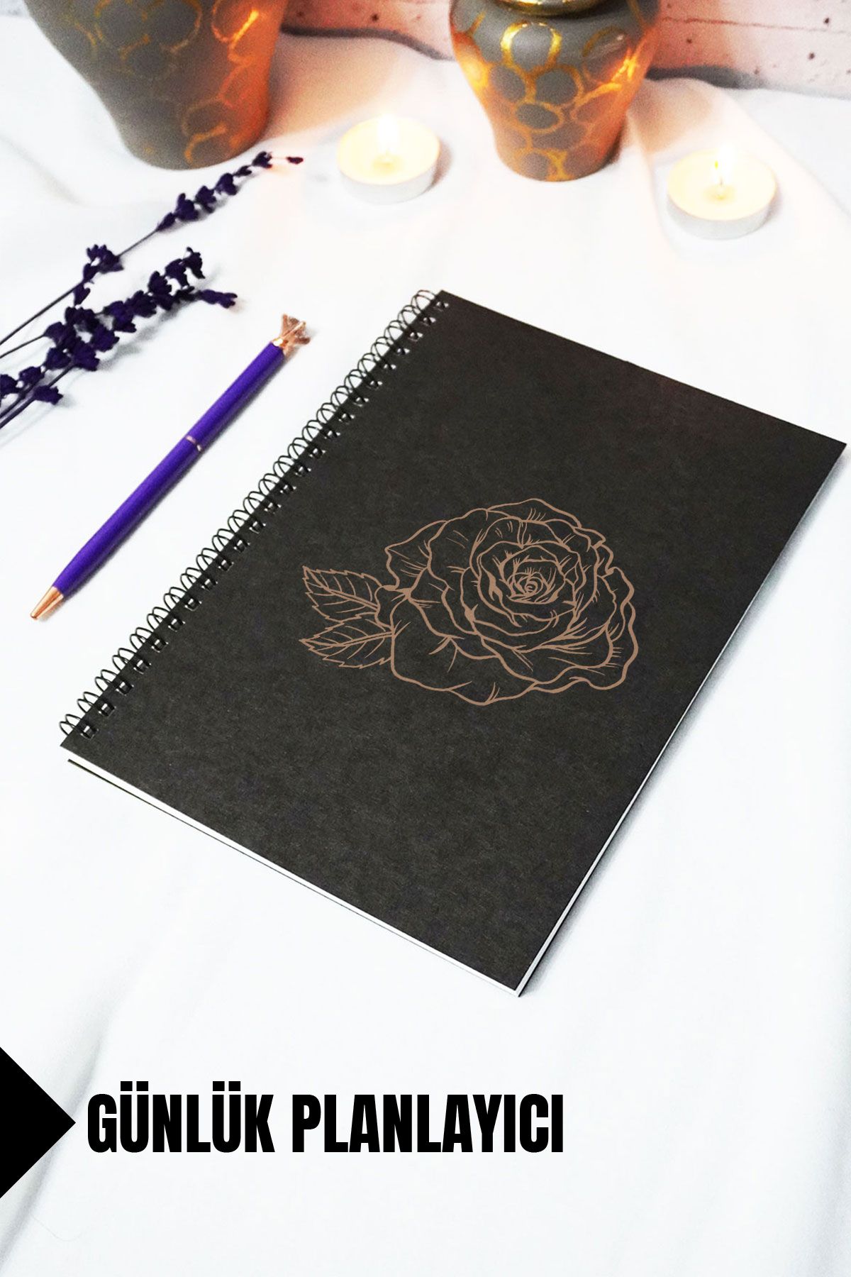 markcat A5 Gül Temalı Siyah Kraft Kapaklı Defter - Günlük Planlayıcı - 45 Yaprak (90 SAYFA) 15x21 Cm