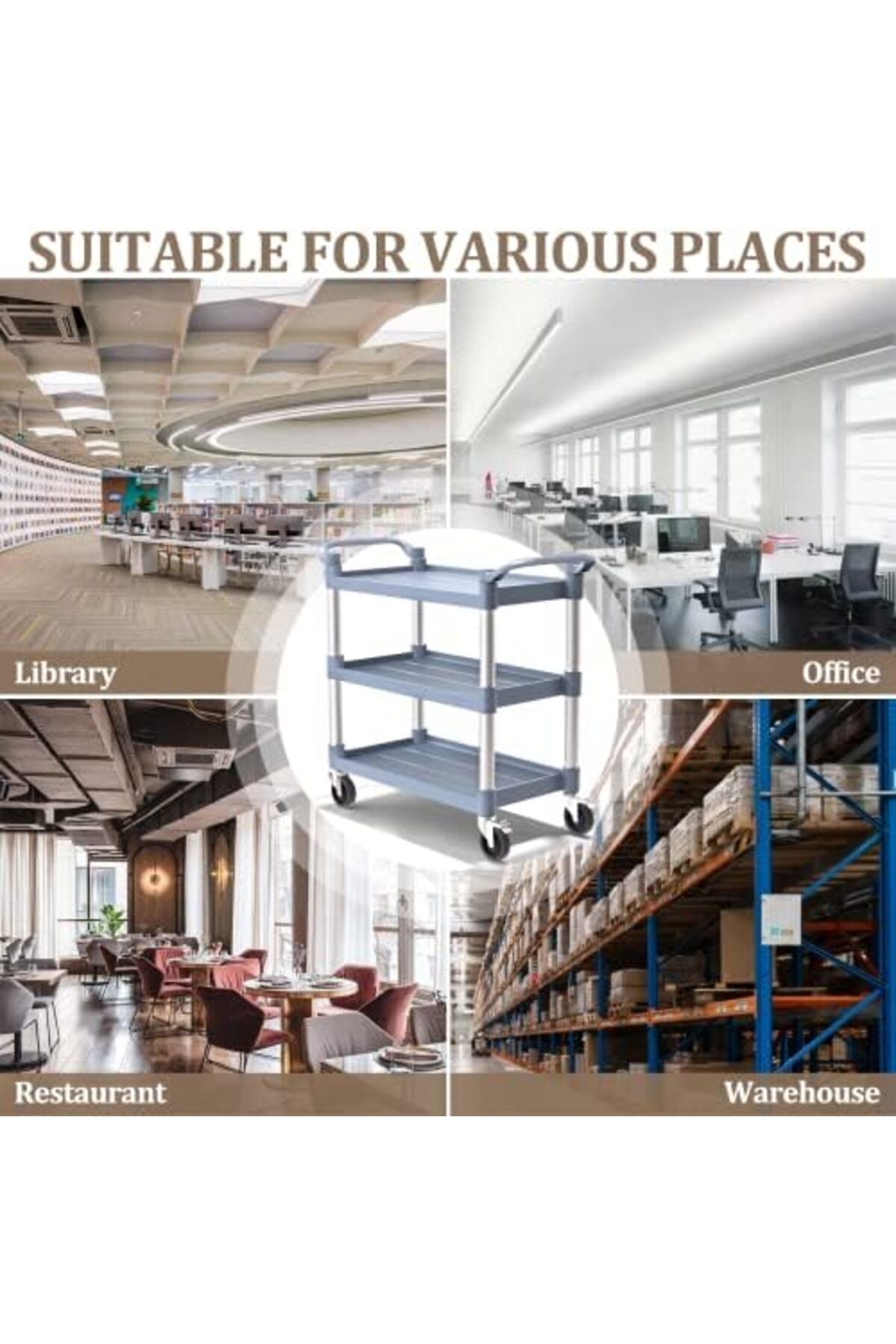 عربة خدمة 3 طبقات قوية بعجلات قابلة للقفل,سعة 500 باوند، متعددة الاستخدام للمطبخ والمكتب و المطاعم