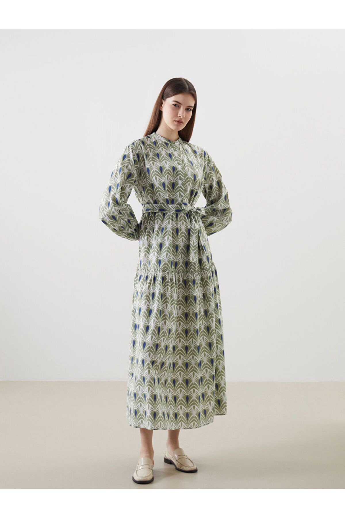 LC Waikiki LCW Modest Yeşil Hakim Yaka Desenli Kadın Elbise S5GV43Z8NVY25