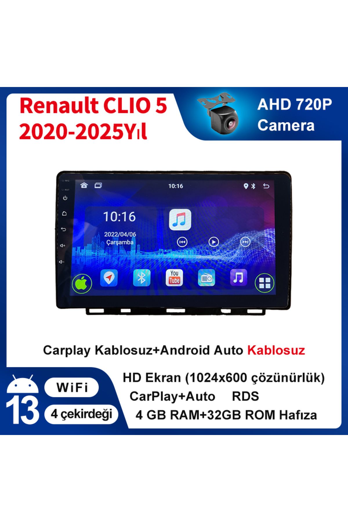 coni Renault CLIO 5 2020-2025Yıl 4GB Ram 32GB Rom Multimedya Kablosuz Carplay Navigasyon kamera hediye