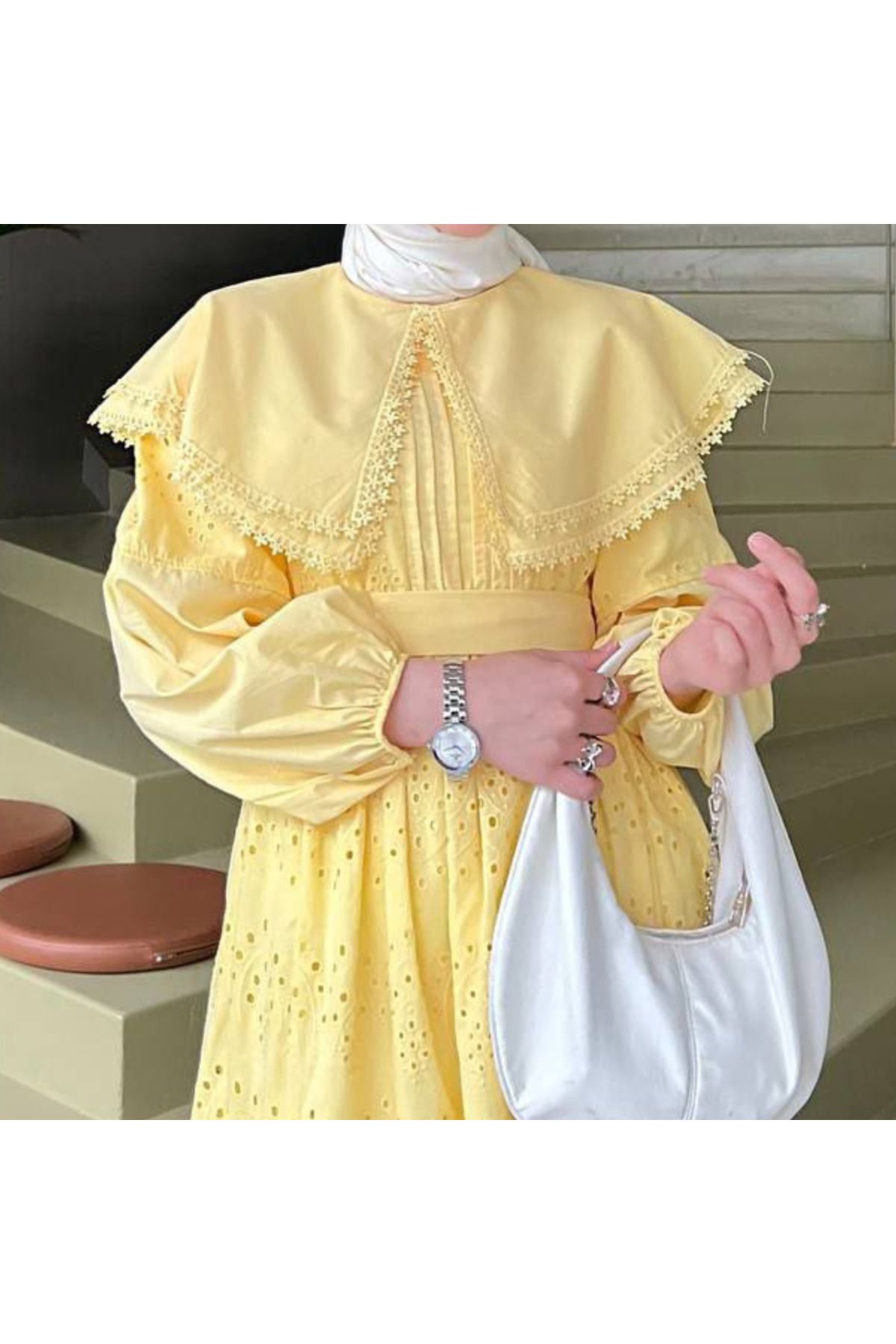 Afra Pelerin Yaka Broderie Detaylı Elbise - Sarı - Butter Yellow