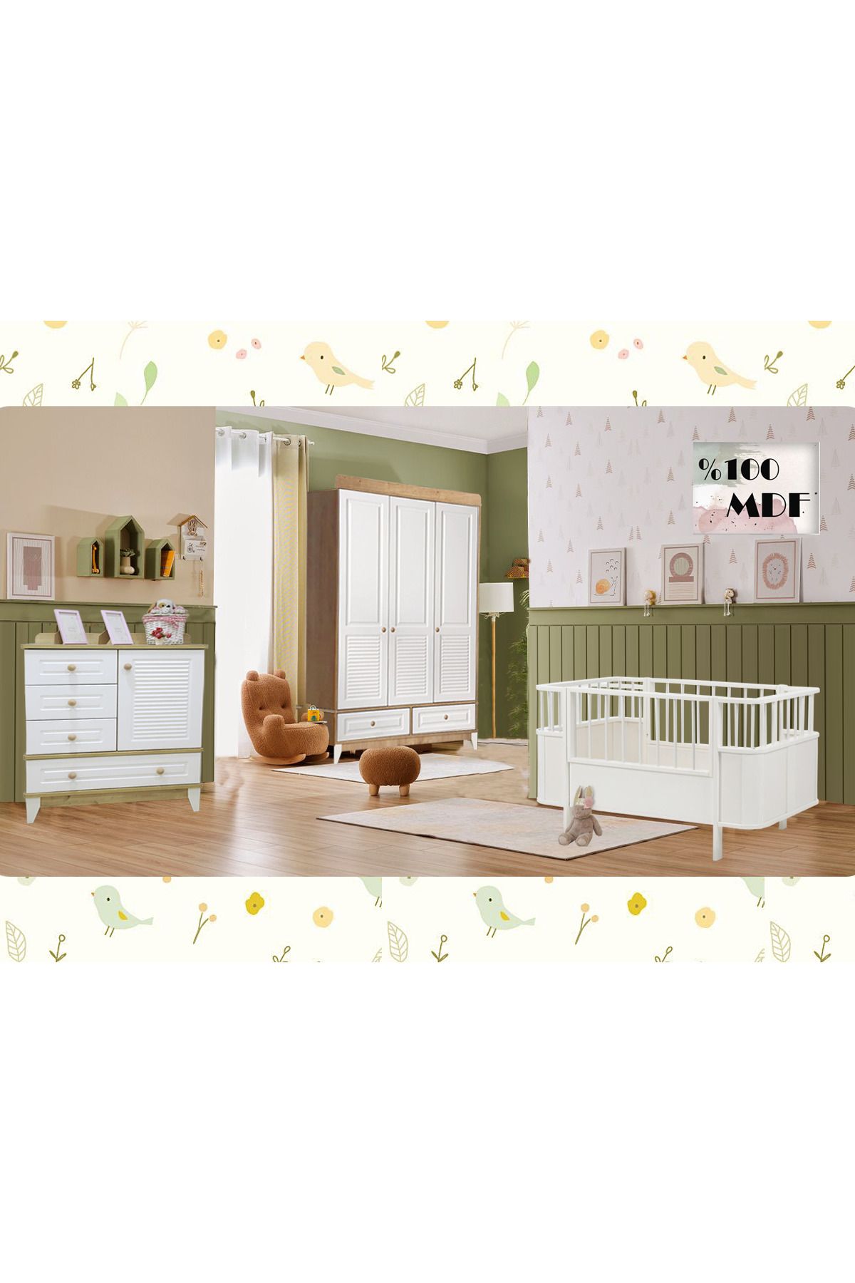 Koza Panjur %100 MDF Büyüyen Bebek Odası Takımı ( 3 Kapılı Dolap&Şifonyer&80x130 Büyüyen Sabit Beşik)