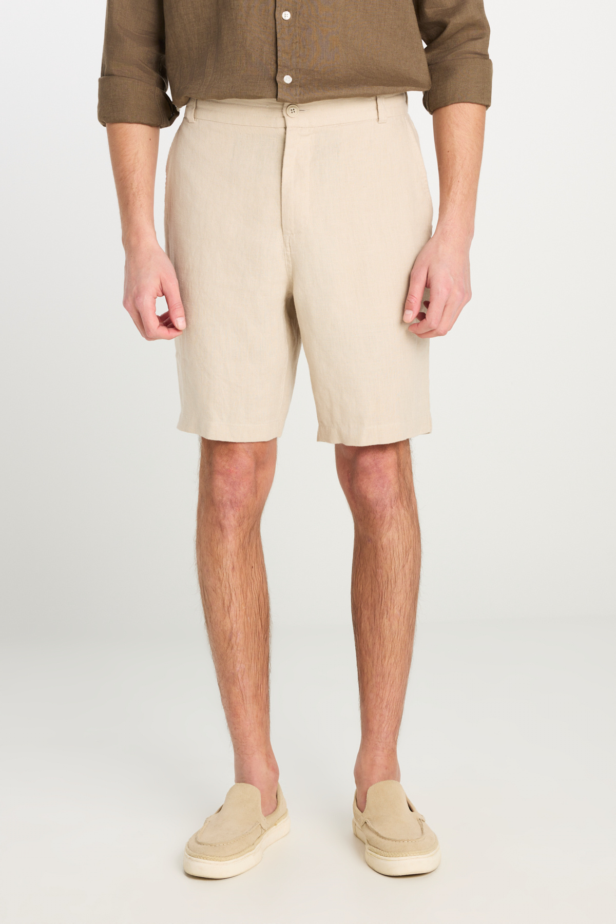 Lee-100% Linen Regular Fit Normal Cut Beige Shorts with Elastic Waist Detail 3