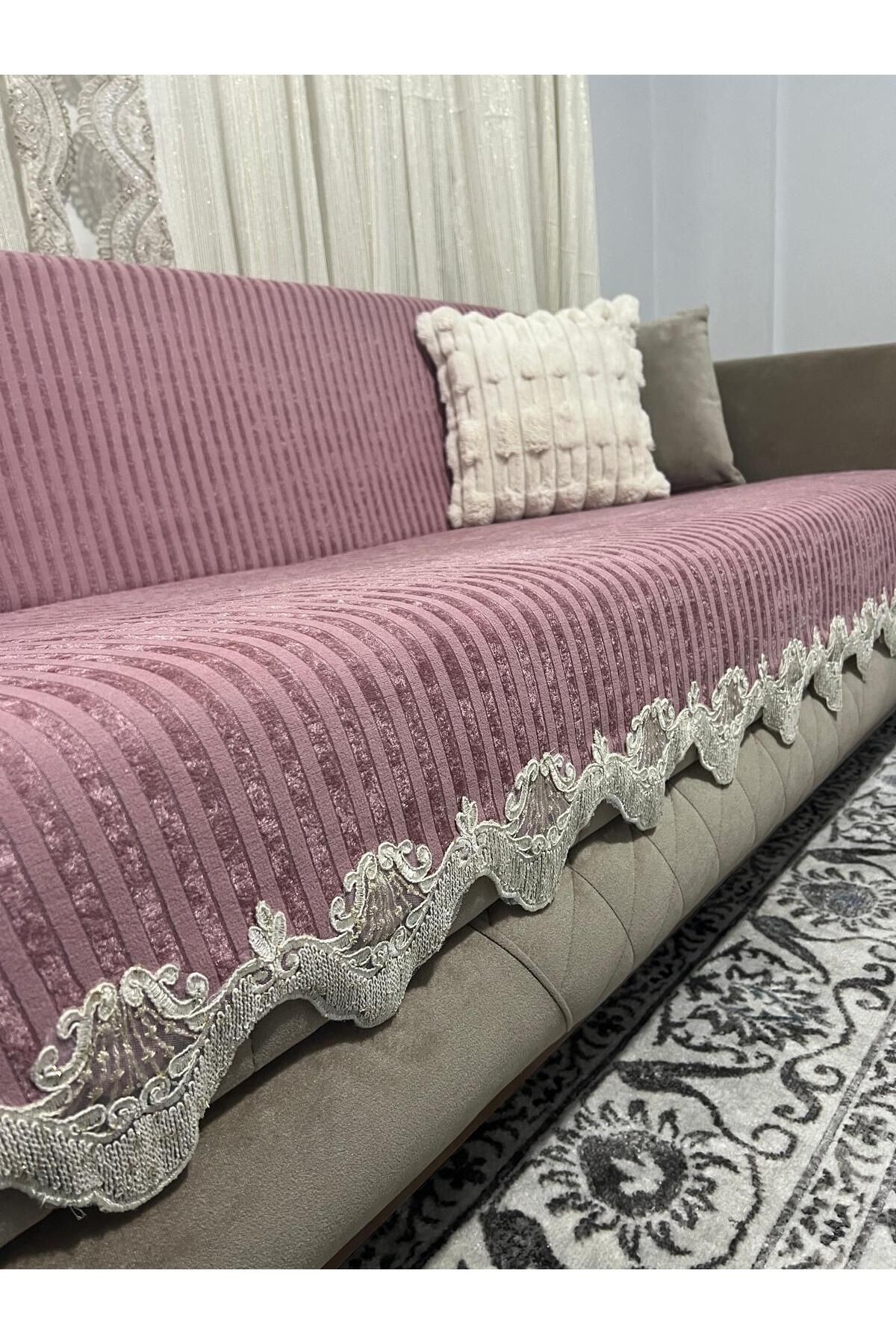DECORA CASA HOME COLLECTİON Dantelli Çizgili Süngerli Kadife Kaymaz Çekyat Koltuk Örtüsü 170 x 210