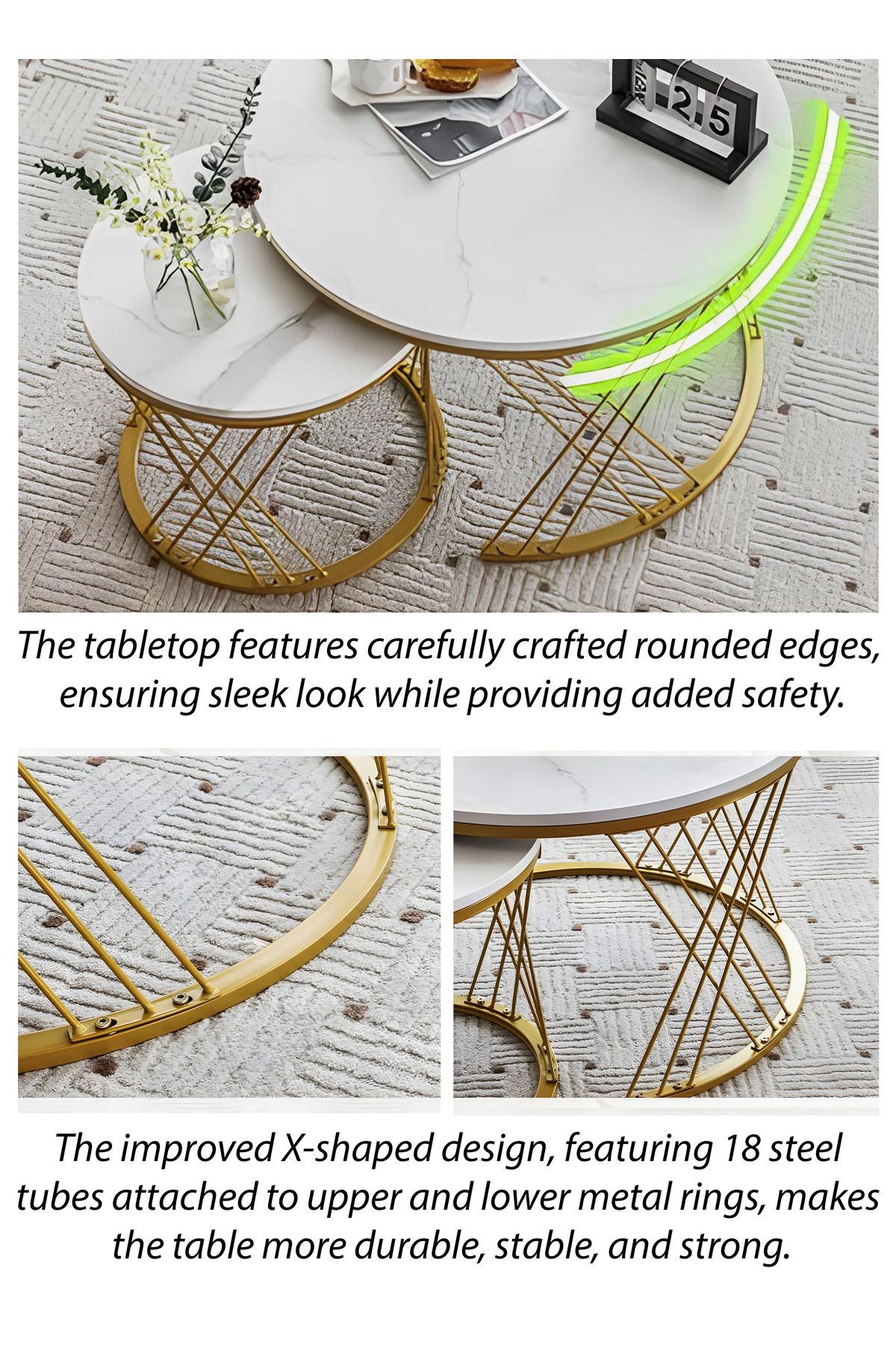 DBLEW-Set of 2 Modern White Faux Marble Finish Round Nesting Coffee Table Side Stackable Accent Tea Tables 3
