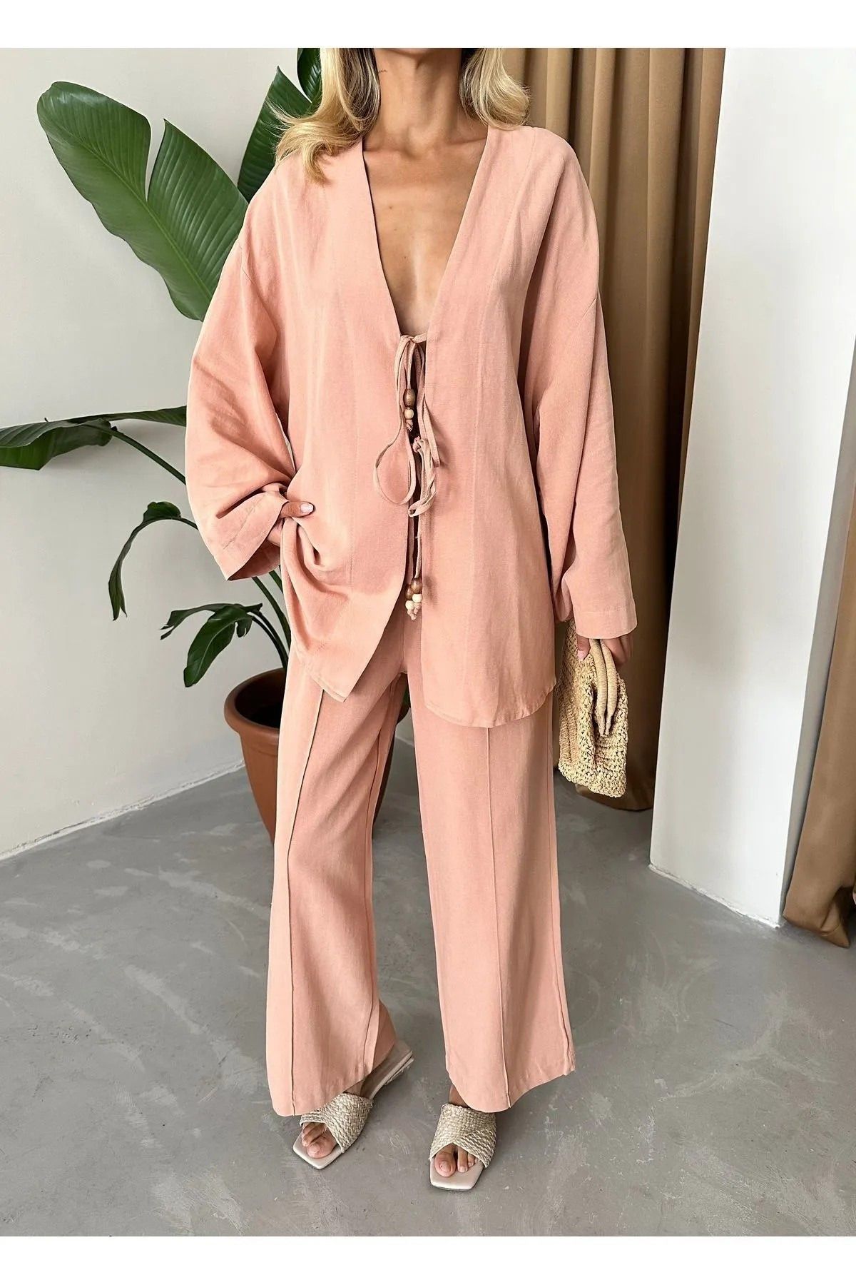 My Blog Somon Boncuklu Kimono Keten Takım - 8321