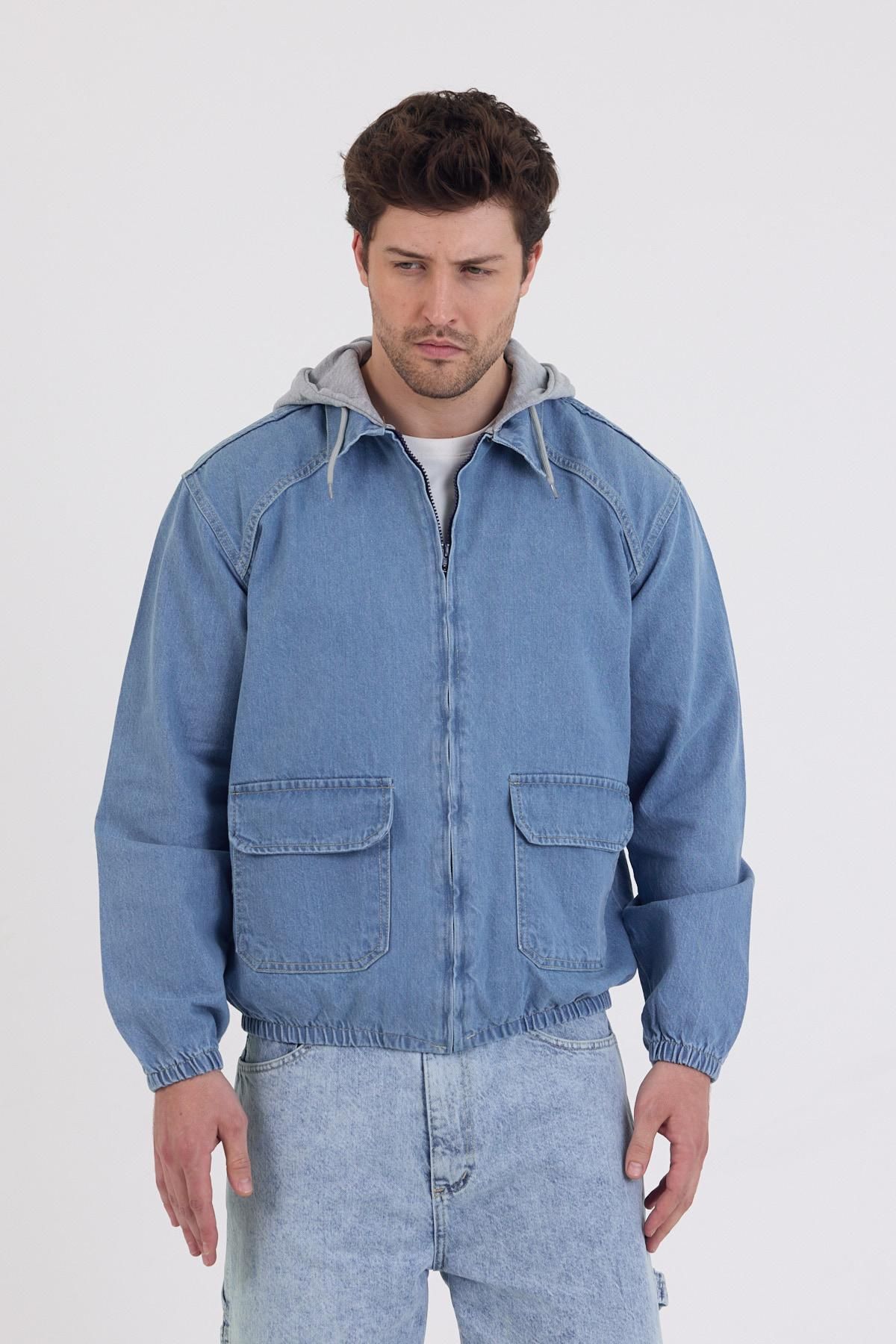 DAMGA JEANS Unisex TrendDenim Jean Rahat Fermuarlı Kapşonlu Kot Ceket Mavi