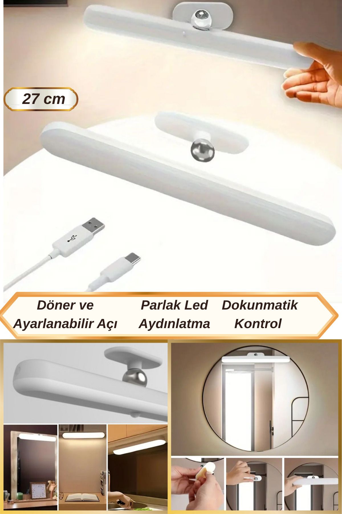 Hane Dostu 27 Cm Şık ve Modern Tasarım | Dokunmatik USB Şarjlı Dolap Makyaj Aynası Led Aydınlatması