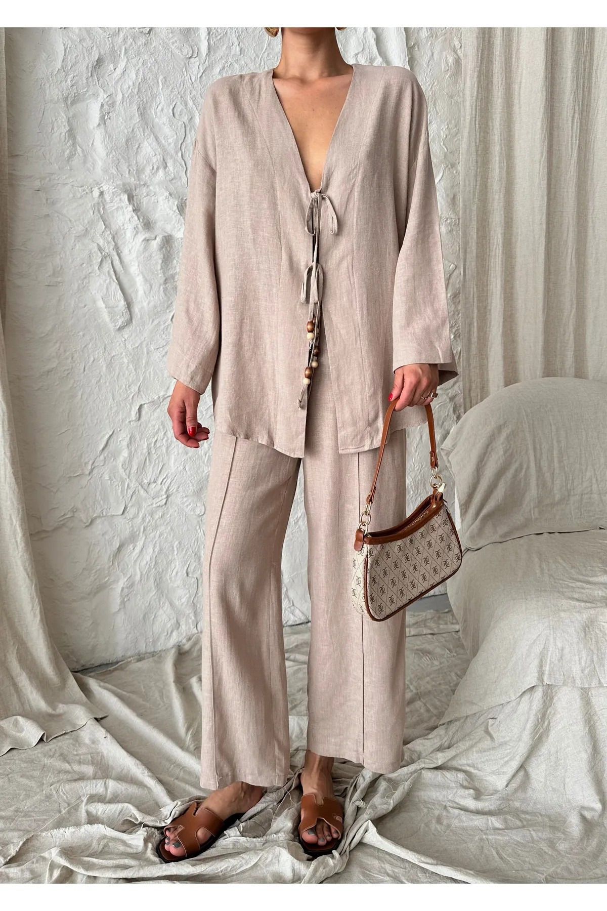 My Blog Vizon Boncuklu Kimono Keten Takım - 8321