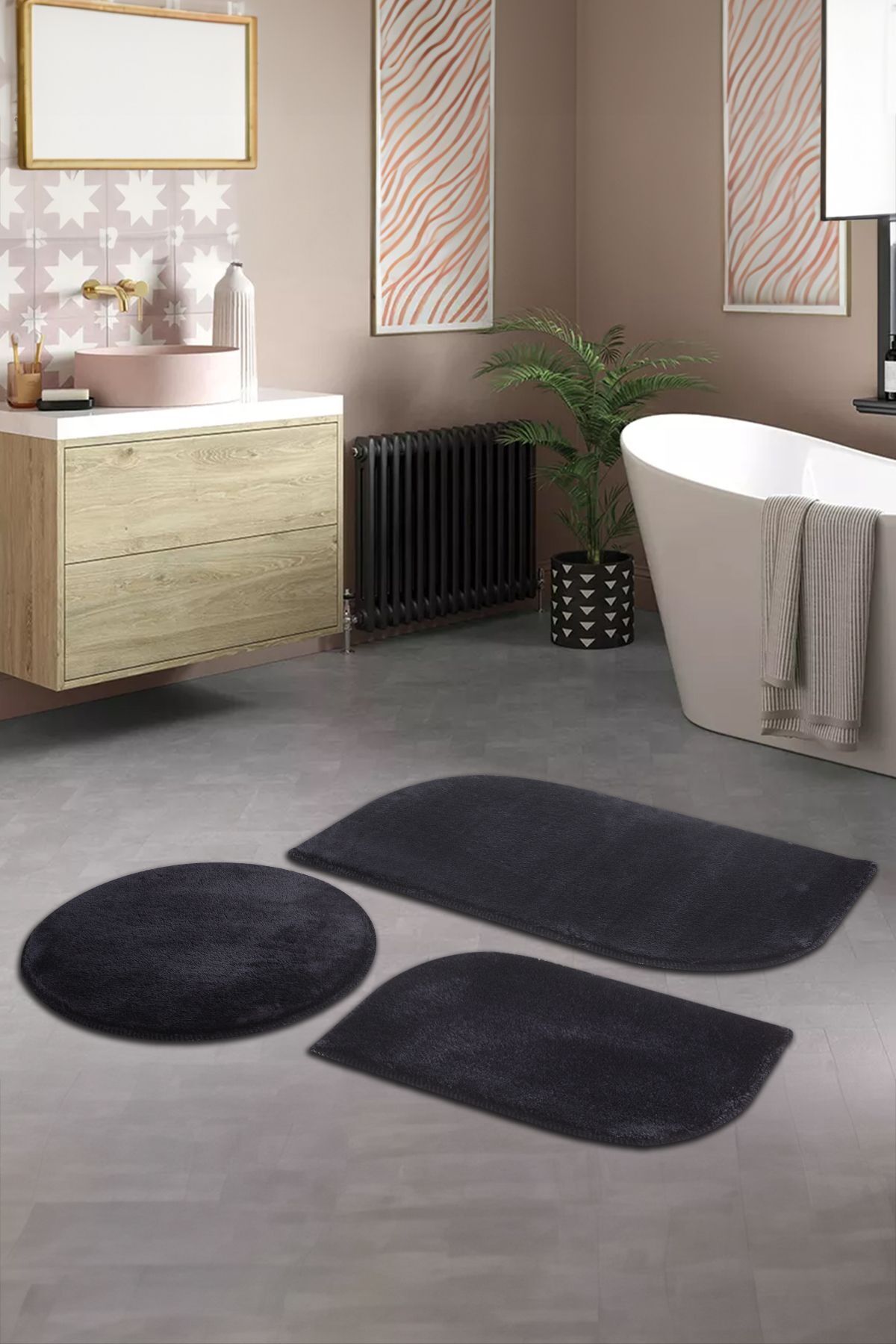 BSB HOME LİVİNG Yumuşak Makinede Yıkanabilir Saçaklı Modern Klozet Takımı Siyah 3'lü set( 60x100-60x60-60x40 )