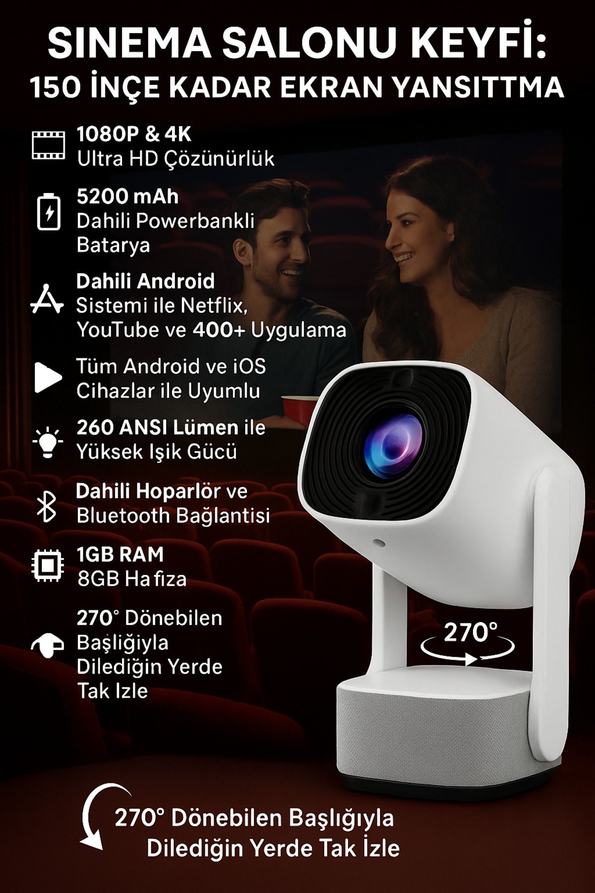 GÜMÜŞTEKNO Projeksiyon Cihazı 4K Android | Dahili Batarya, Bluetooth, Wi-Fi, 150 inç Ekran Yansıtma Hediyeli