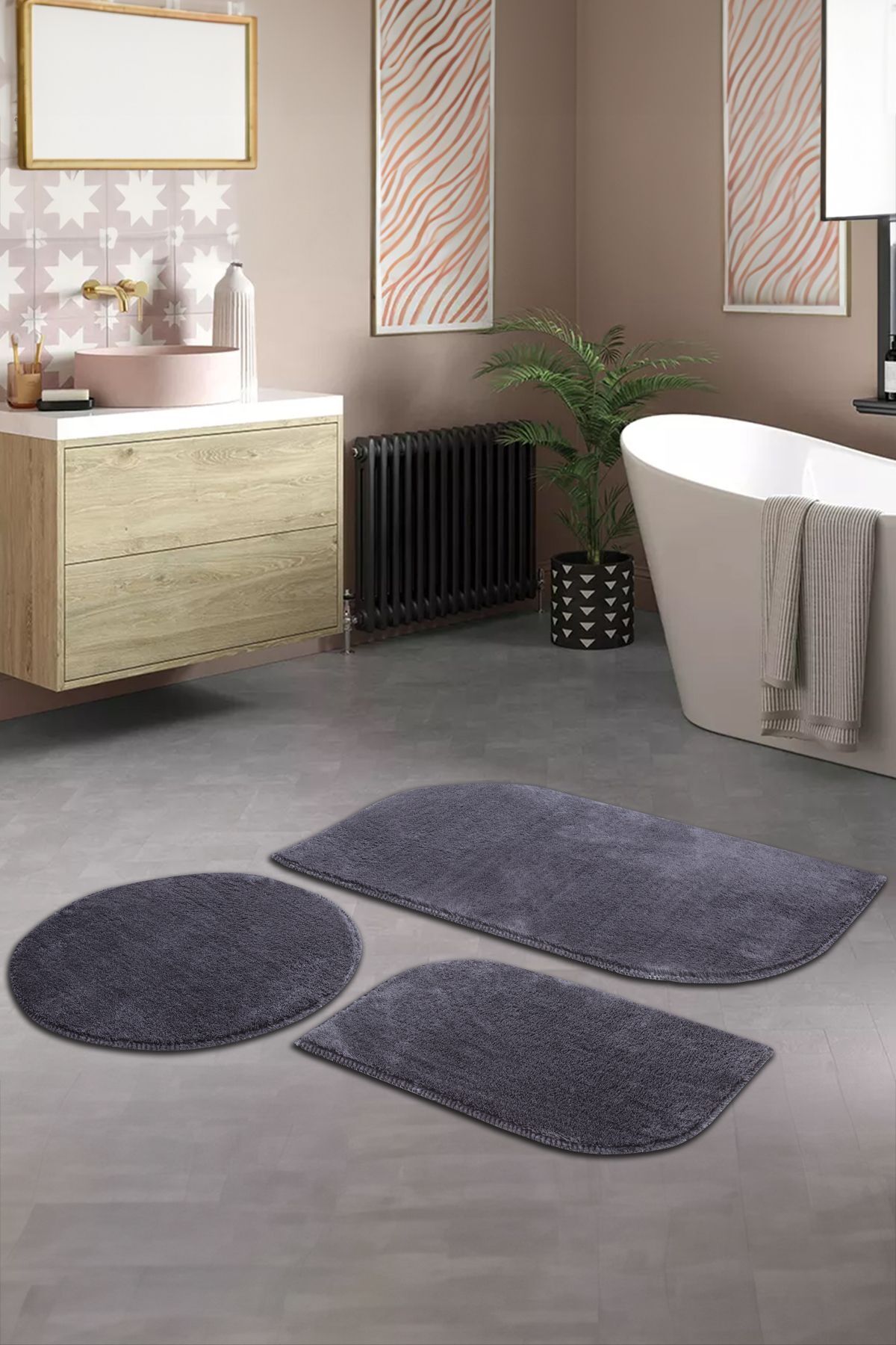 BSB HOME LİVİNG Yumuşak Makinede Yıkanabilir Saçaklı Modern Klozet Takımı Antrasit 3'lü set( 60x100-60x60-60x40 )