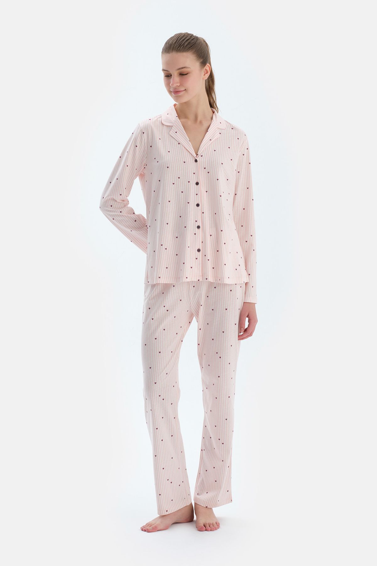 Dagi Ekru Kalp Ve Çizgi Baskılı Penye Modal Gömlek Pantolon Pijama Takımı