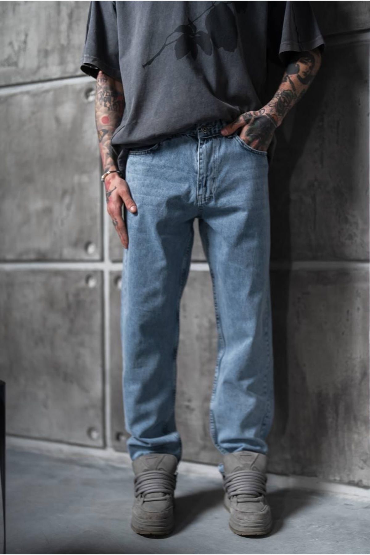 oraystore Yıkamalı Mavi Baggy Pantolon