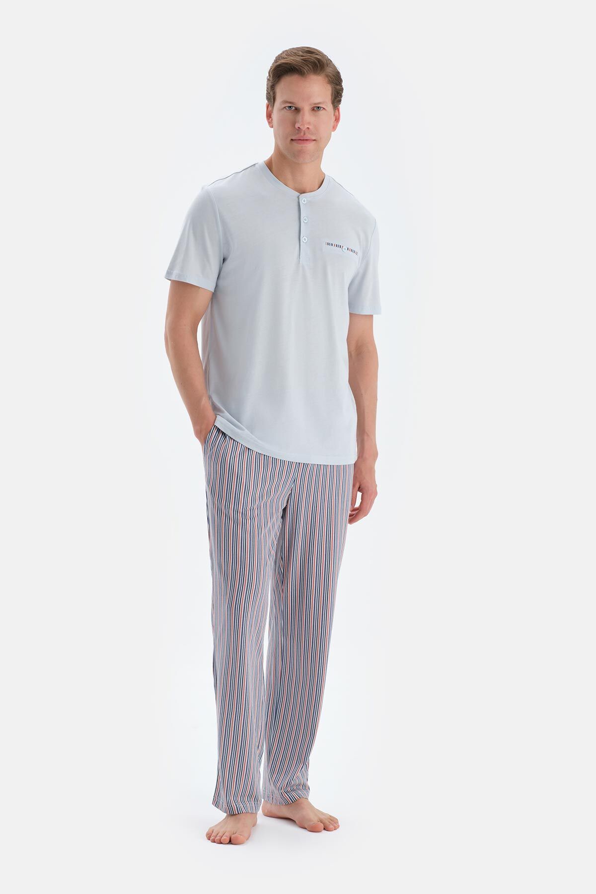 Dagi Açık Gri Pat Ve Fleto Cep Detaylı Tişört Pantolon Pijama Takımı