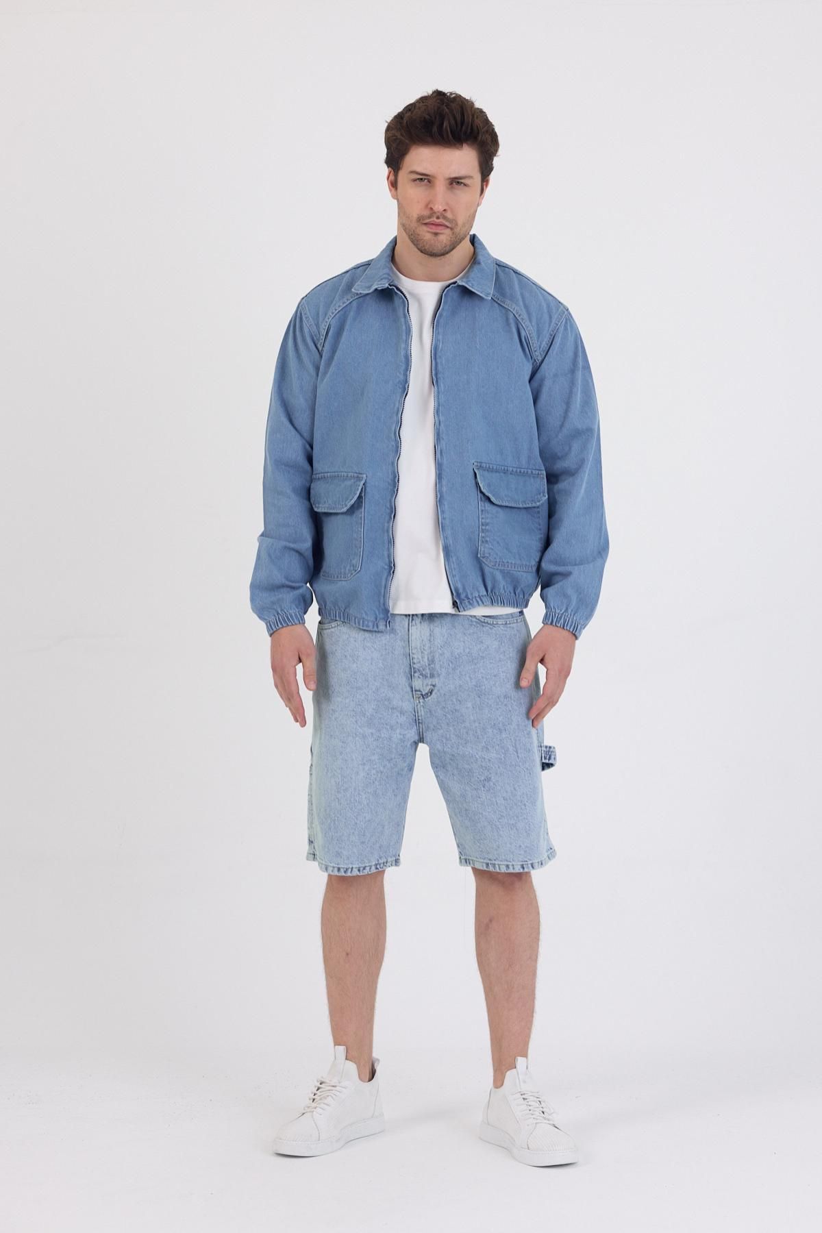 DAMGA JEANS Unisex Streetwear Stil Jean Rahat ve Tarz Fermuarlı Kot Ceket Mavi