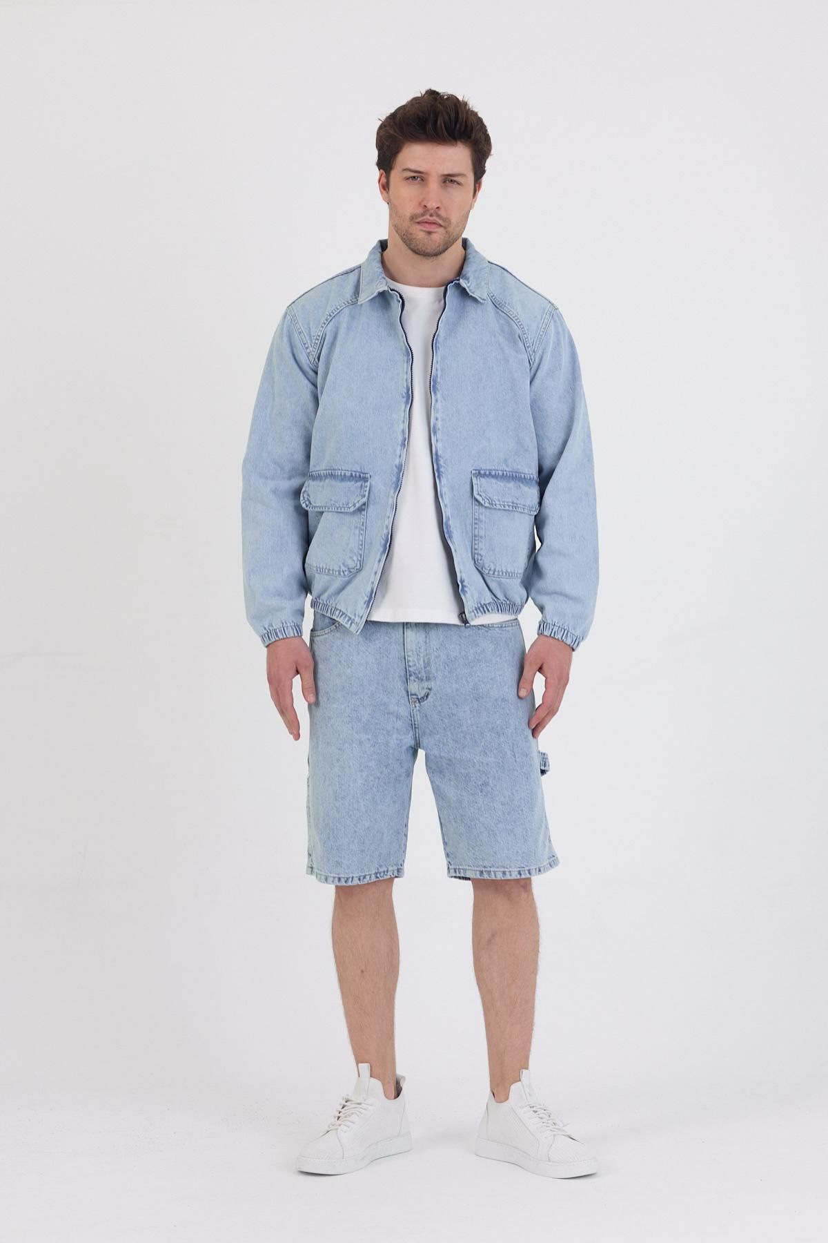 DAMGA JEANS Unisex Streetwear Stil Jean Rahat ve Tarz Fermuarlı Kot Ceket Buz Mavi