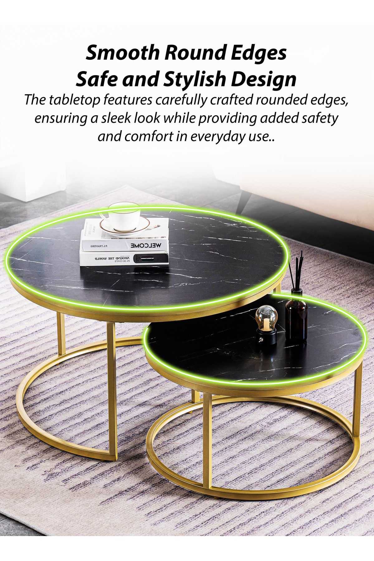 DBLEW-Set of 2 Modern Black Faux Marble Finish Round Nesting Coffee Table Side Stackable Accent Tea Tables 4