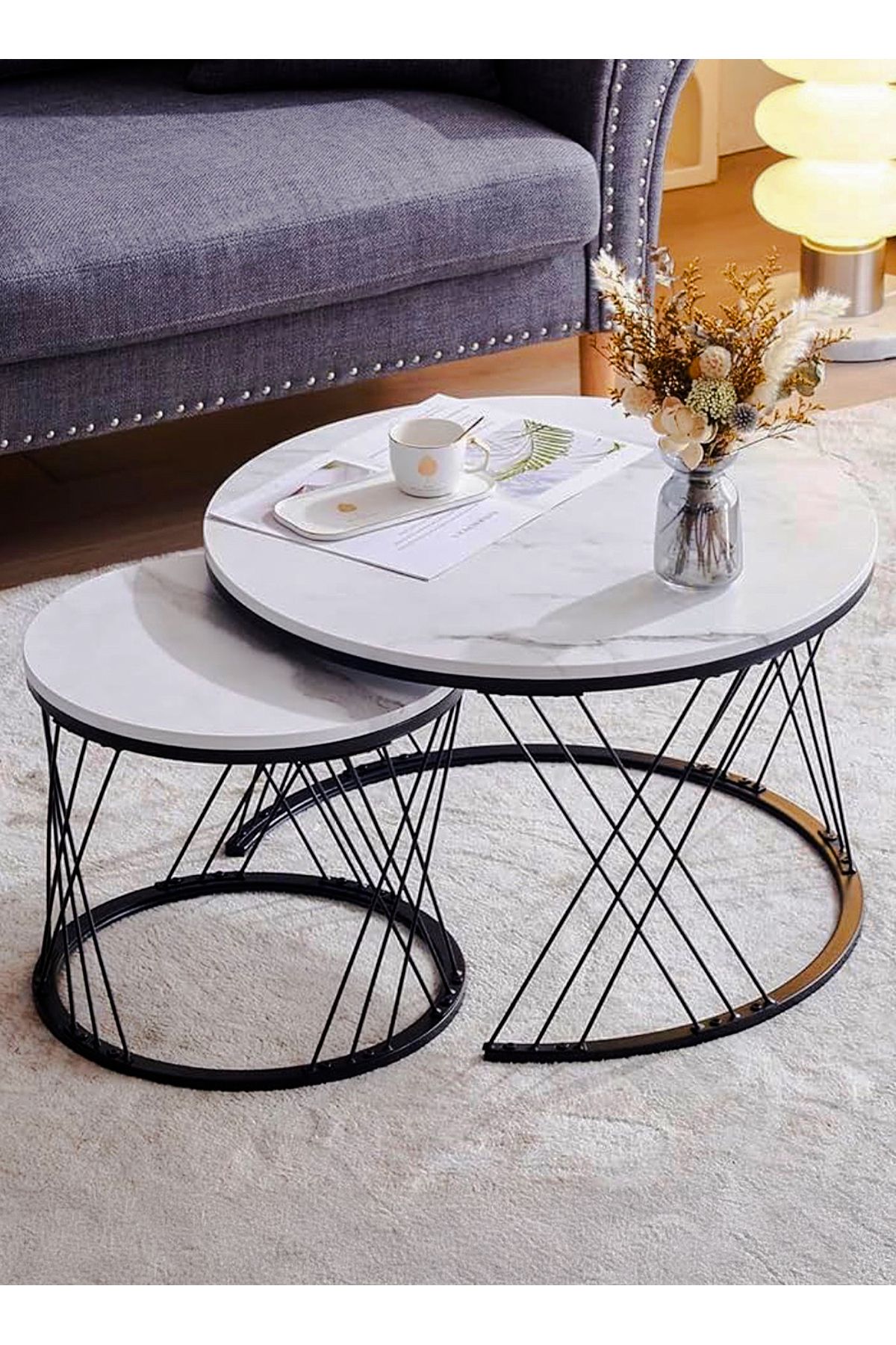 DBLEW-Set of 2 Modern White Faux Marble Finish Round Nesting Coffee Table Side Stackable Accent Tea Tables 7