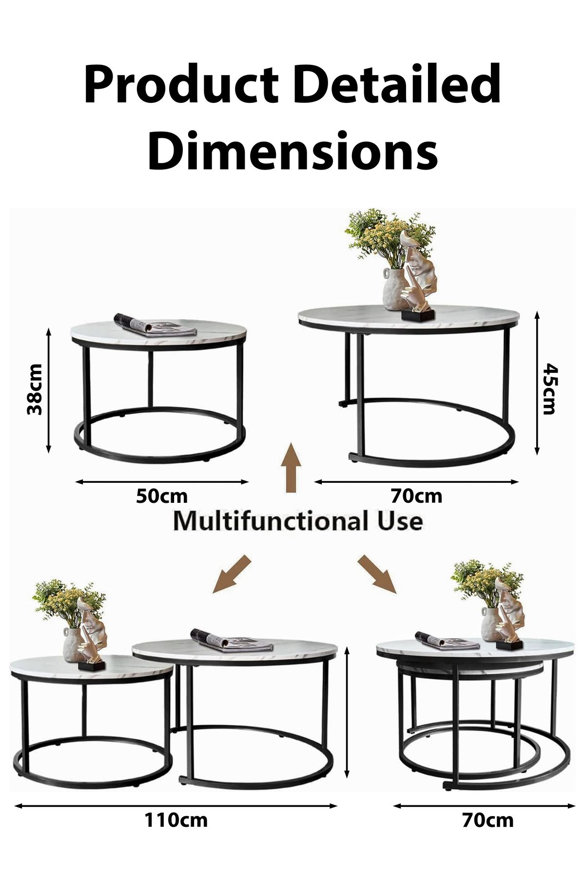 DBLEW-Set of 2 Modern Black Faux Marble Finish Round Nesting Coffee Table Side Stackable Accent Tea Tables 8