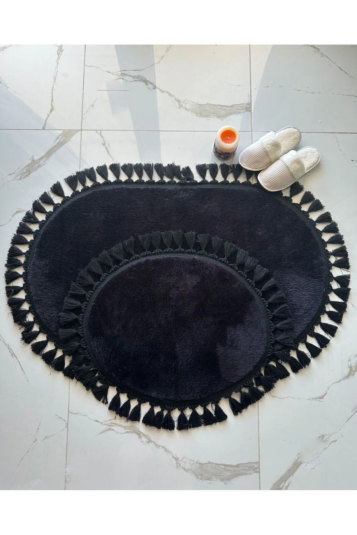 BSB HOME LİVİNG Puffy Peluş Makinede Yıkanabilir Oval Saçaklı Modern Oval Klozet Takımı Siyah 60 x100-60x50