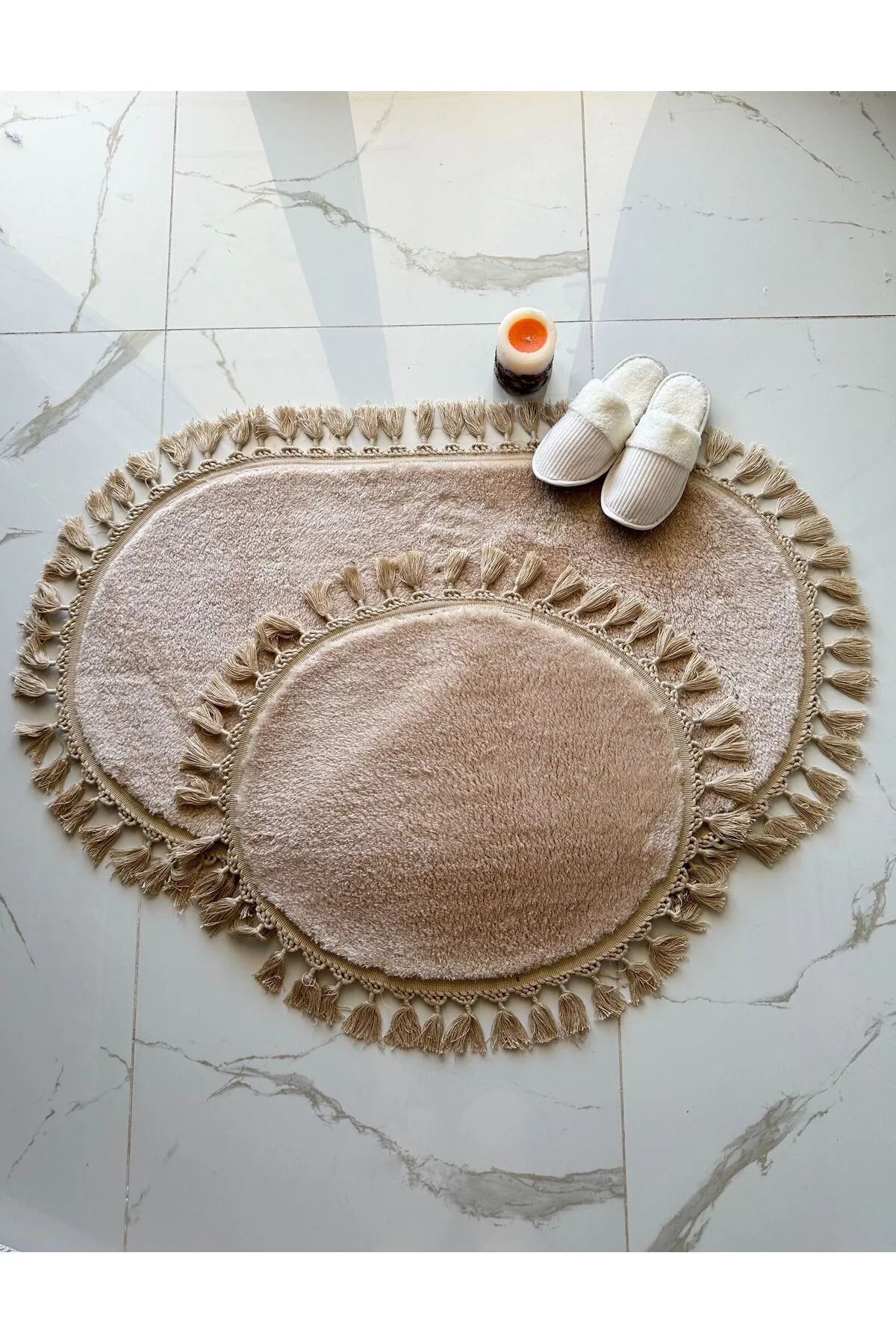 BSB HOME LİVİNG Puffy Peluş Makinede Yıkanabilir Oval Saçaklı Modern Oval Klozet Takımı Vizon 60 x100-60x50