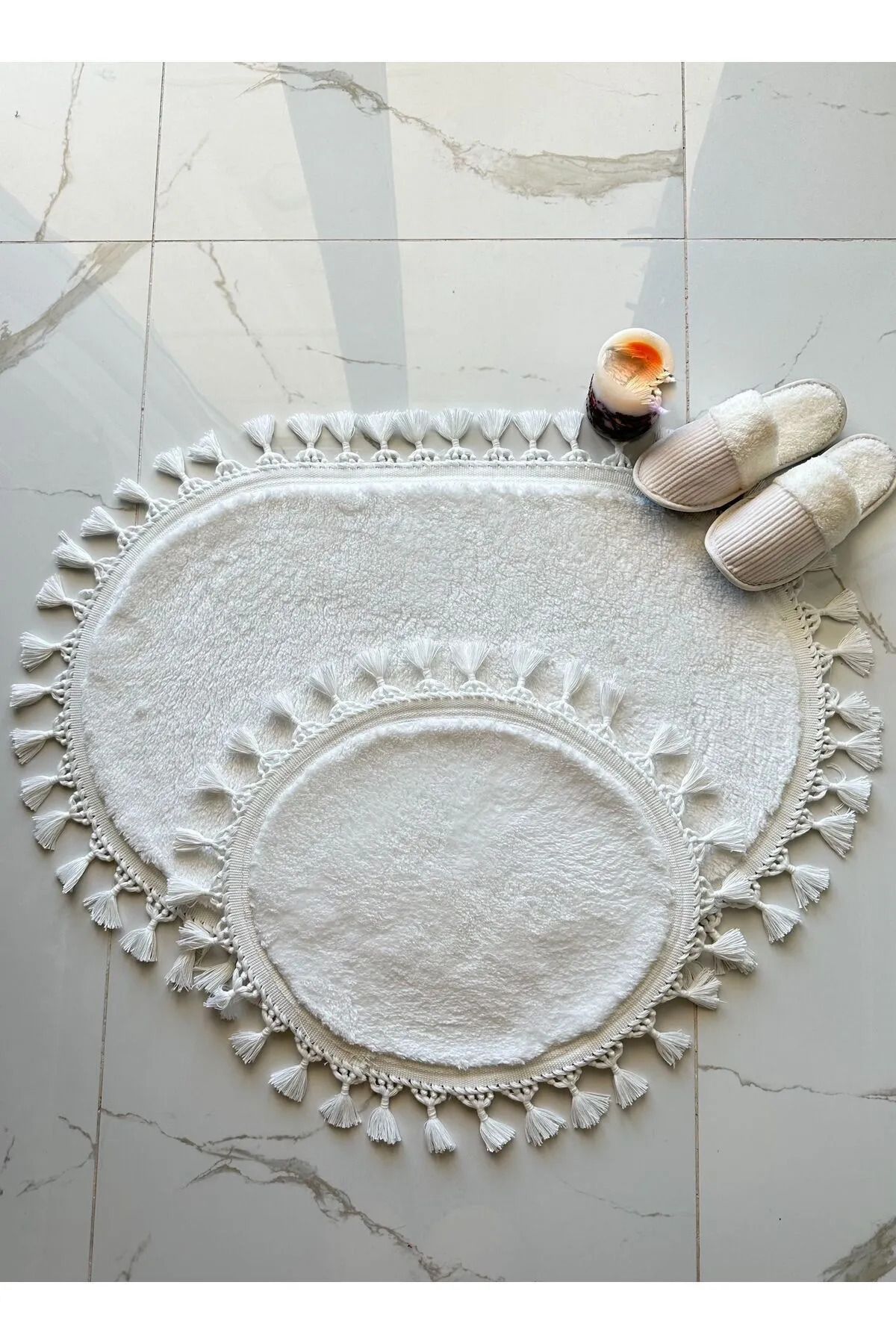BSB HOME LİVİNG Puffy Peluş Makinede Yıkanabilir Oval Saçaklı Modern Oval Klozet Takımı Beyaz 60 x100-60x50
