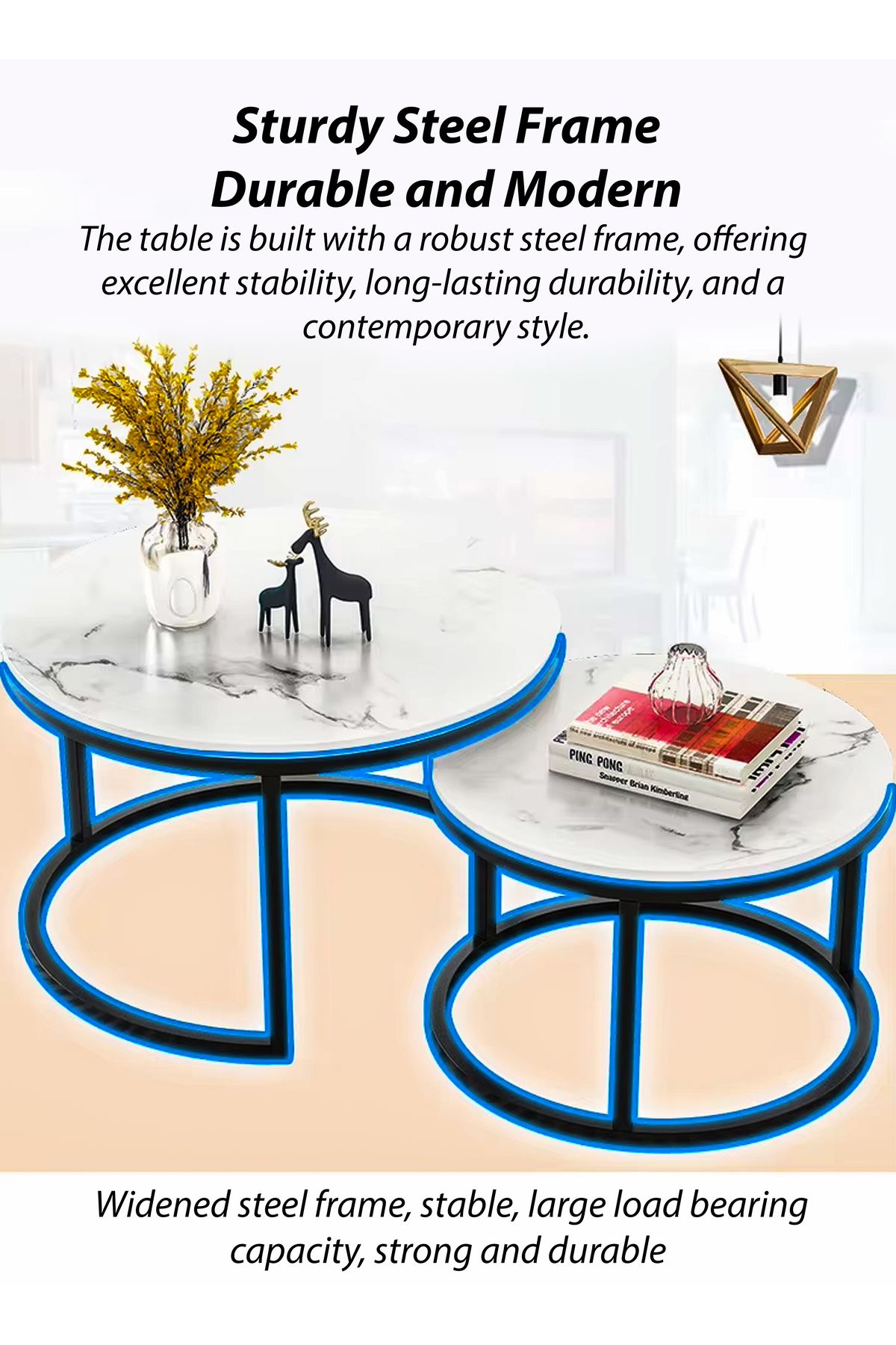 DBLEW-Set of 2 Modern Black Faux Marble Finish Round Nesting Coffee Table Side Stackable Accent Tea Tables 3