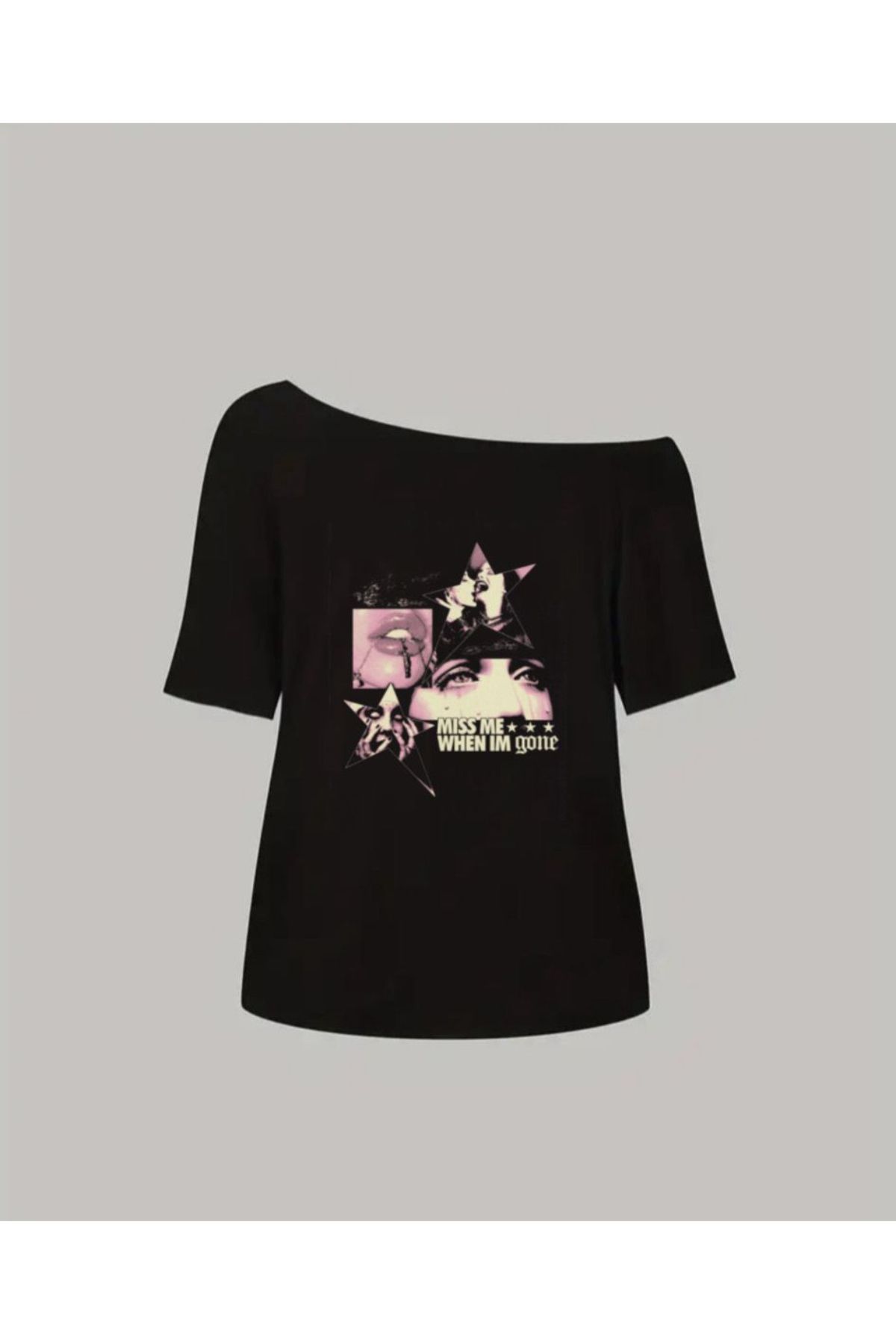 npLStore Kadın Düşük Omuz Kayık Yaka Baskılı T-shirt