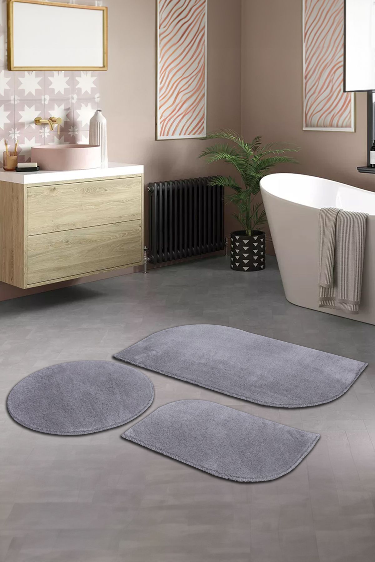 BSB HOME LİVİNG Yumuşak Makinede Yıkanabilir Saçaklı Modern Klozet Takımı Gri 3'lü set( 60x100-60x60-60x40 )