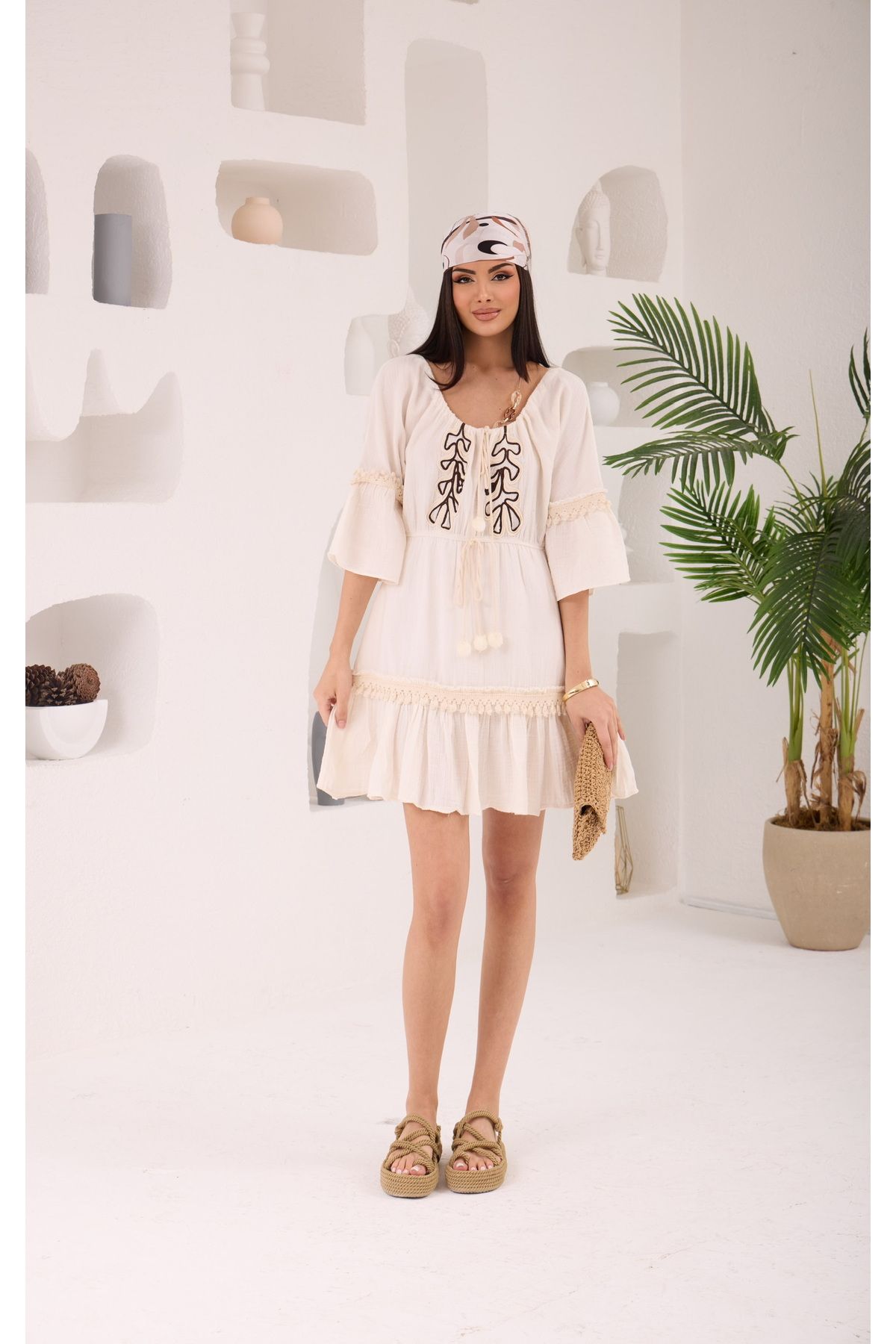 AsprinFashion NAKIŞ DETAYLI ELBİSE EKRU