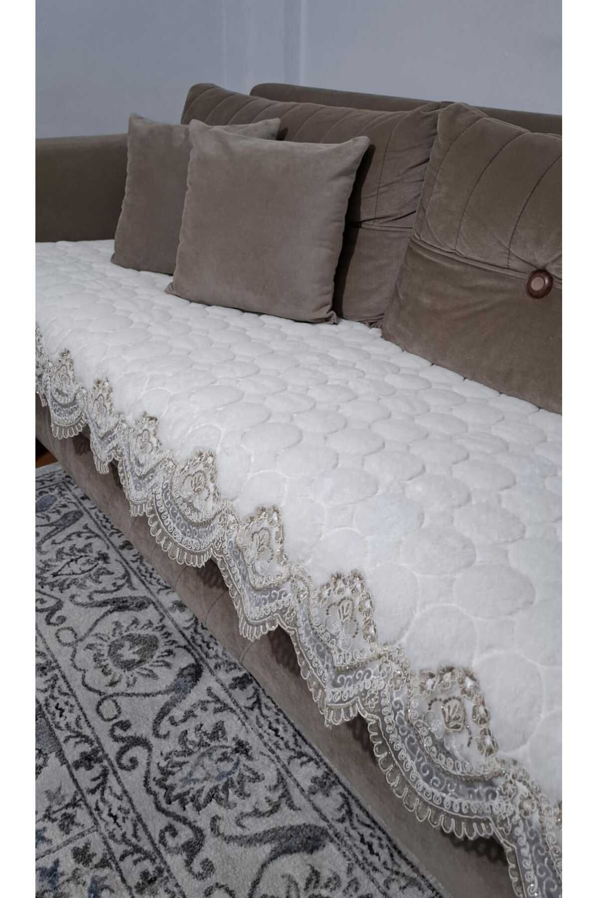 DECORA CASA HOME COLLECTİON Dantelli Puffy Bubble Tavşan Tüyü Kaymaz Taban Çekyat Koltuk Örtüsü 75x185