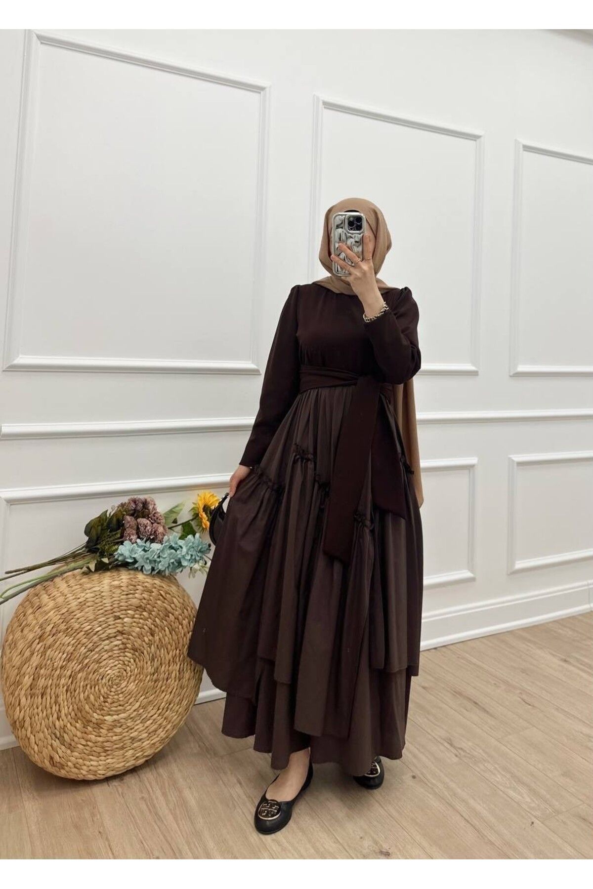 DEMET IRMAK Poplin - Krep Asimetrik Kemerli Balon Elbise