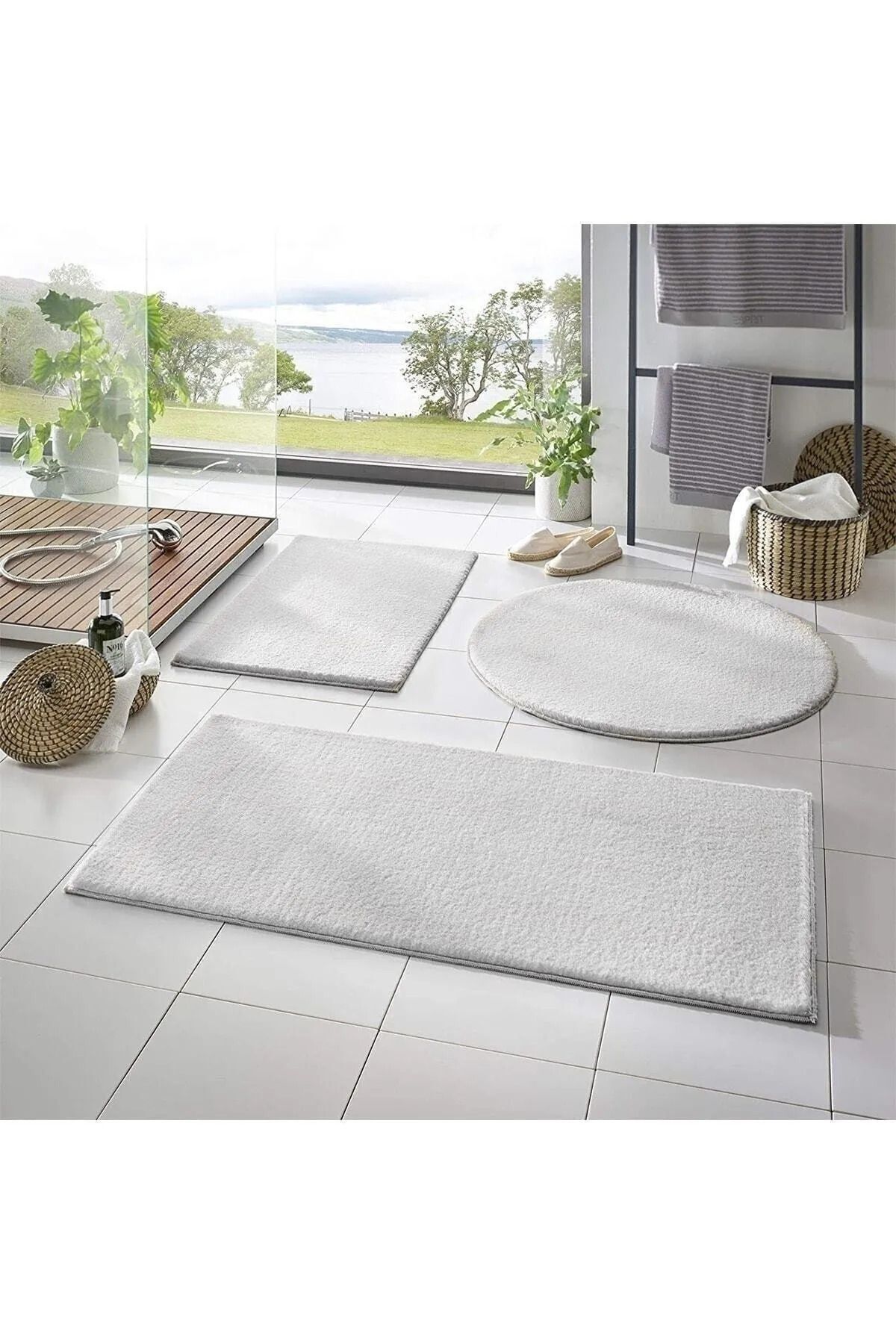 BSB HOME LİVİNG Yıkanabilir Kaymaz Taban Post Peluş Banyo Paspası Üçlü Takım Beyaz(60X100-60X60-60X40)