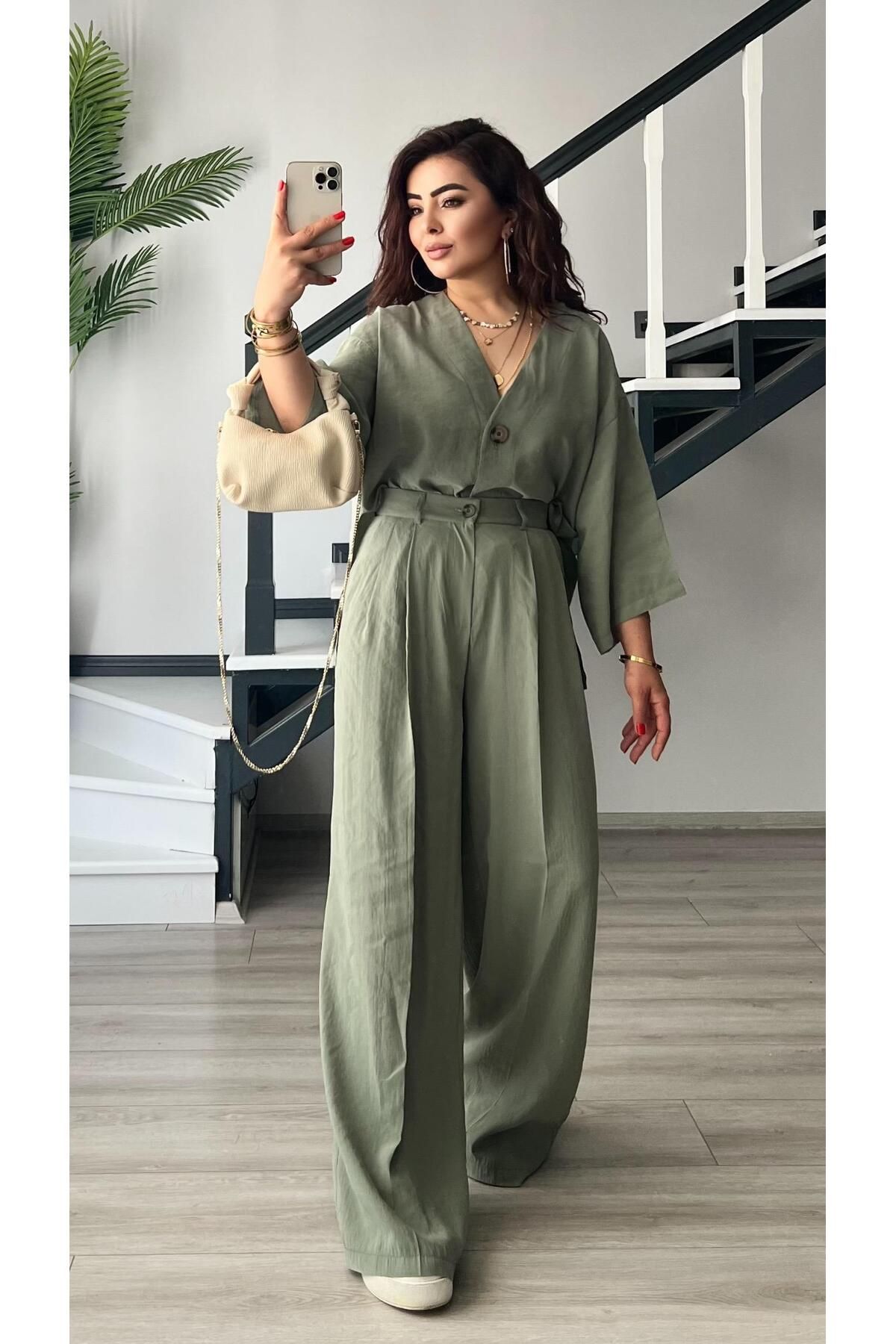 Oslove Çağla Yeşili Tnsel Tek Düğme Bluz -Pantolon Takım