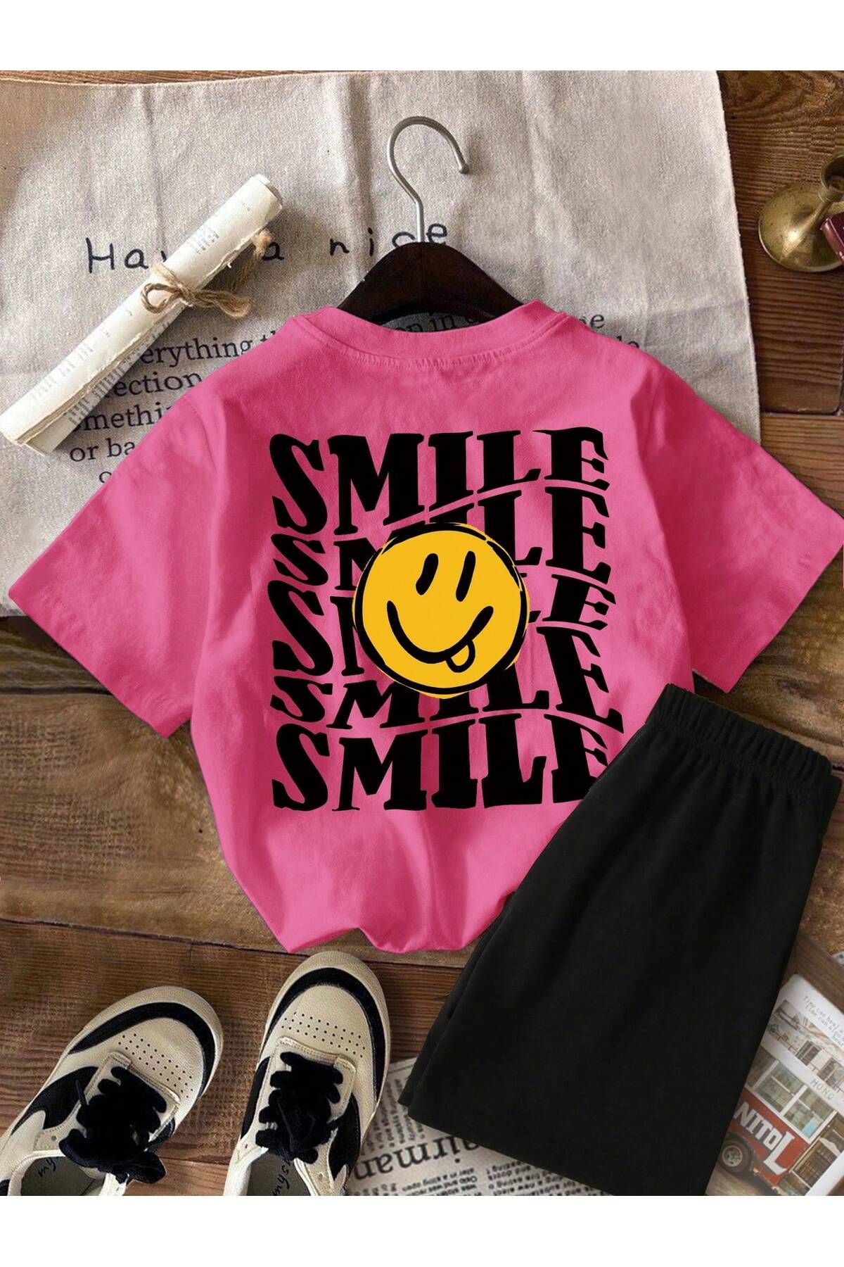 JANSO GROUP - KADIN KISA KOLLU TSHIRT-ŞORT TAKIMI 2Lİ BASKILI OVERSİZE