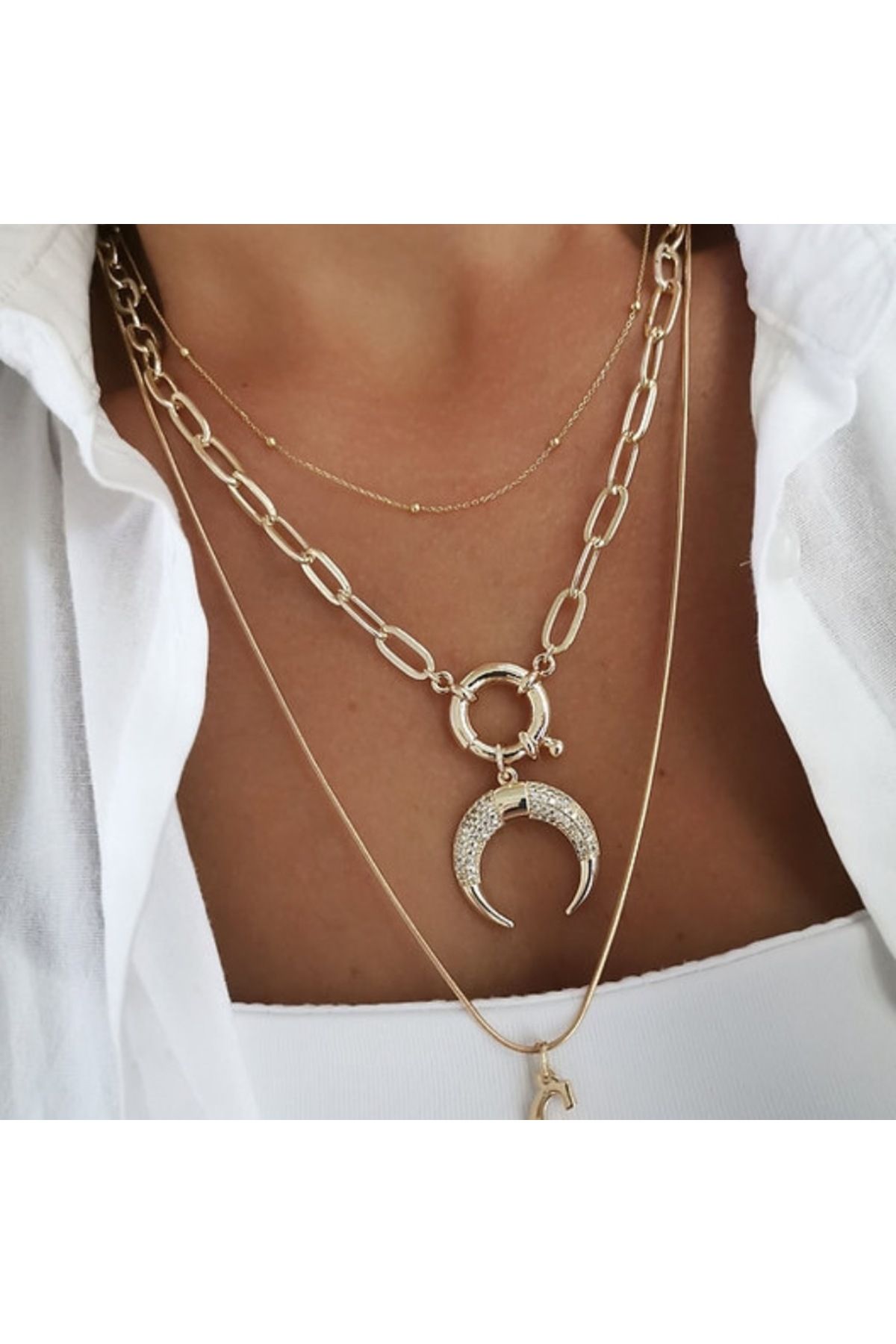Daniela Vip Zirkon Gömme Taşlı Hilal Kolye 50cm